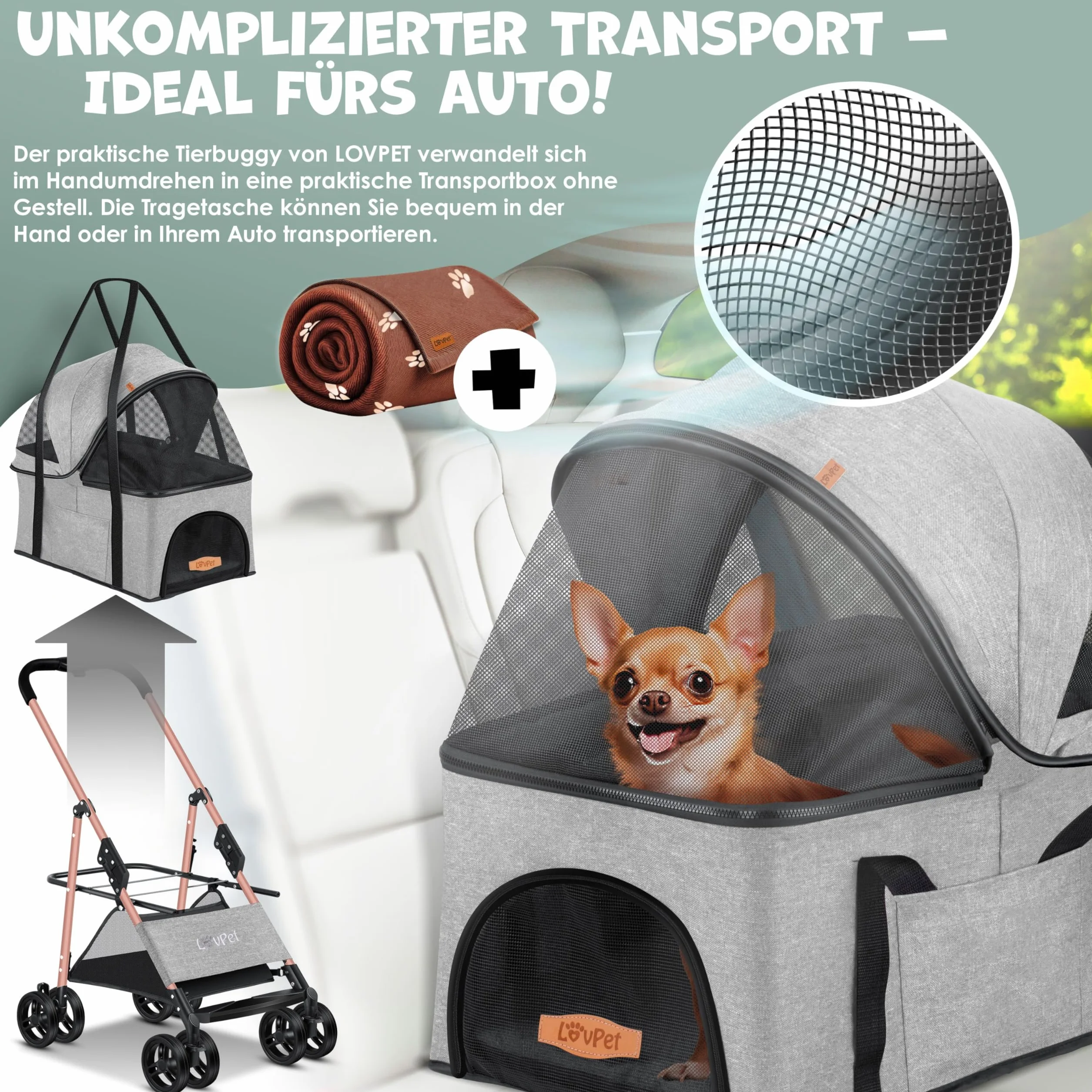 LOVPET® Wózek dla psów 2 w 1 z torbą transportową, składany, do 20 kg, spacerówka dla zwierząt domowych, z okienkami z siatki i osłoną przeciwdeszczową, do joggingu, dla małych psów, kotów