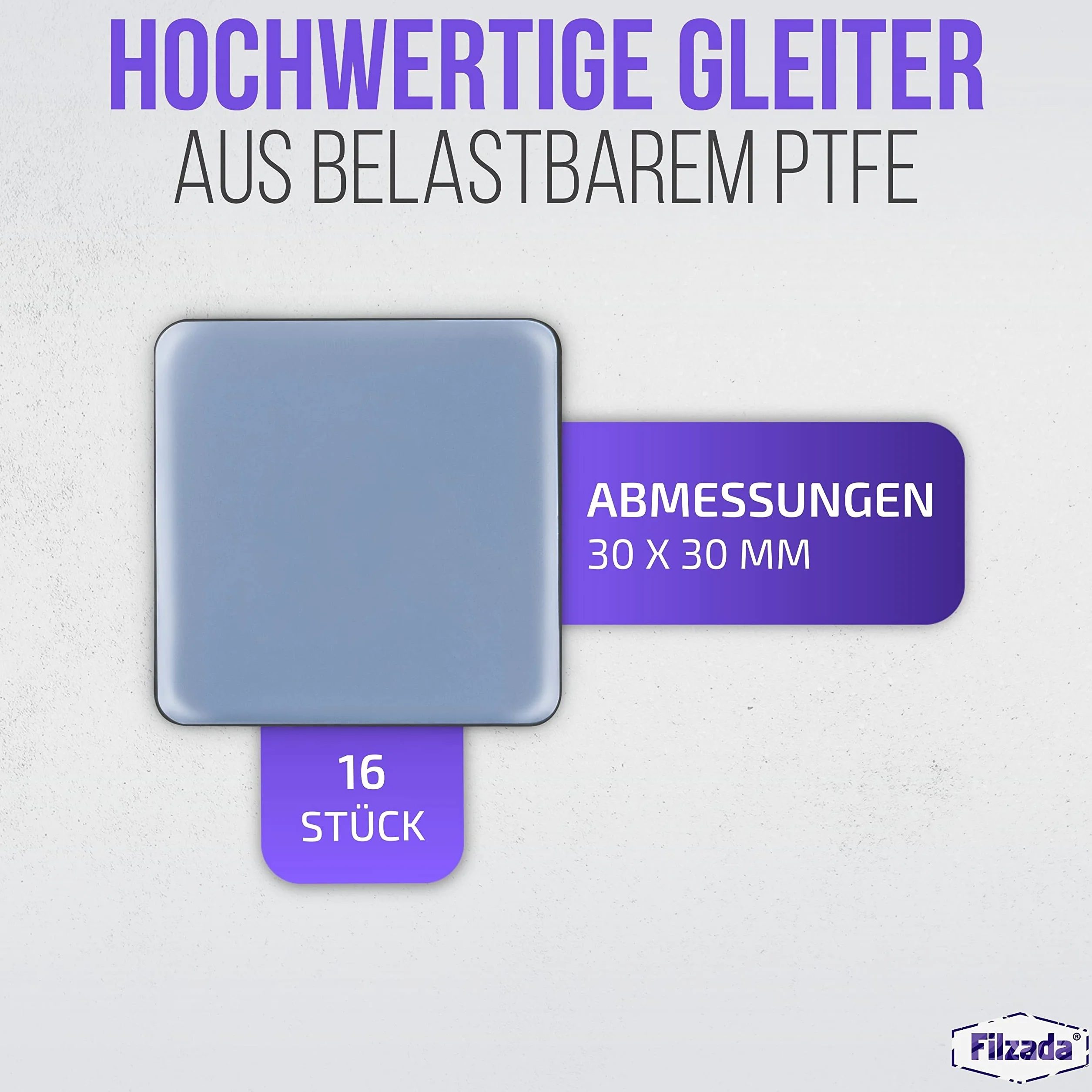 Filzada® 16x Ślizgacze teflonowe samoprzylepne - 30 x 30 mm (kątowe) - profesjonalne ślizgacze meblowe/ślizgacze dywanowe PTFE (teflon)