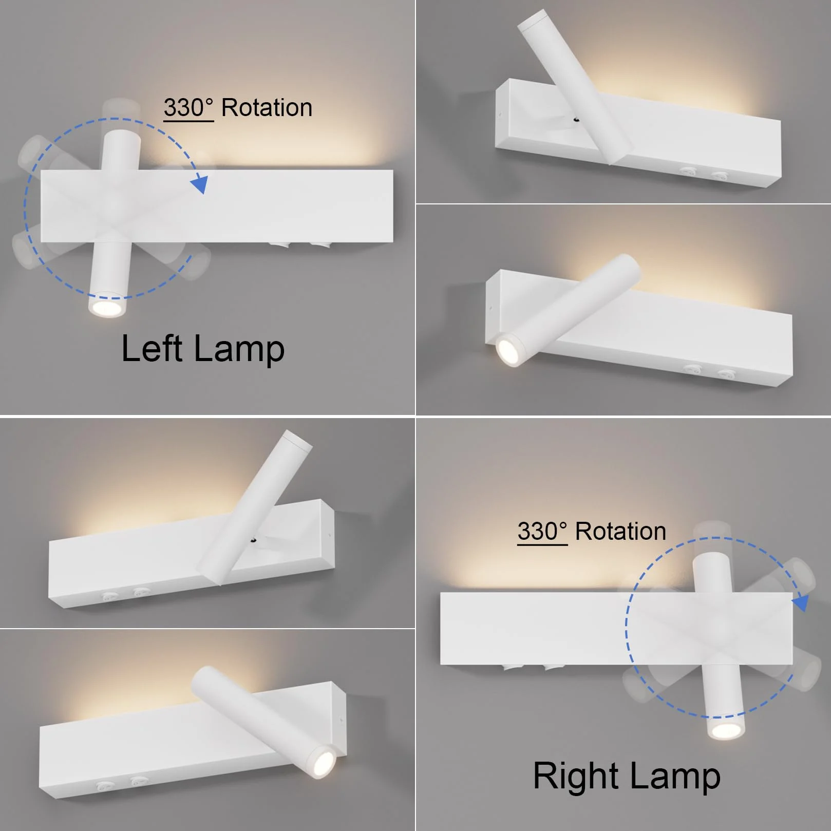 Klighten Lampa ścienna LED, 2 sztuki, 3 W + 3 W, 2-punktowa, 3000 K, z 2 przełącznikami, okrągły reflektor ścienny, obracany o 330°/regulowany o 60°, do salonu, aluminium, ciepła biel, biały
