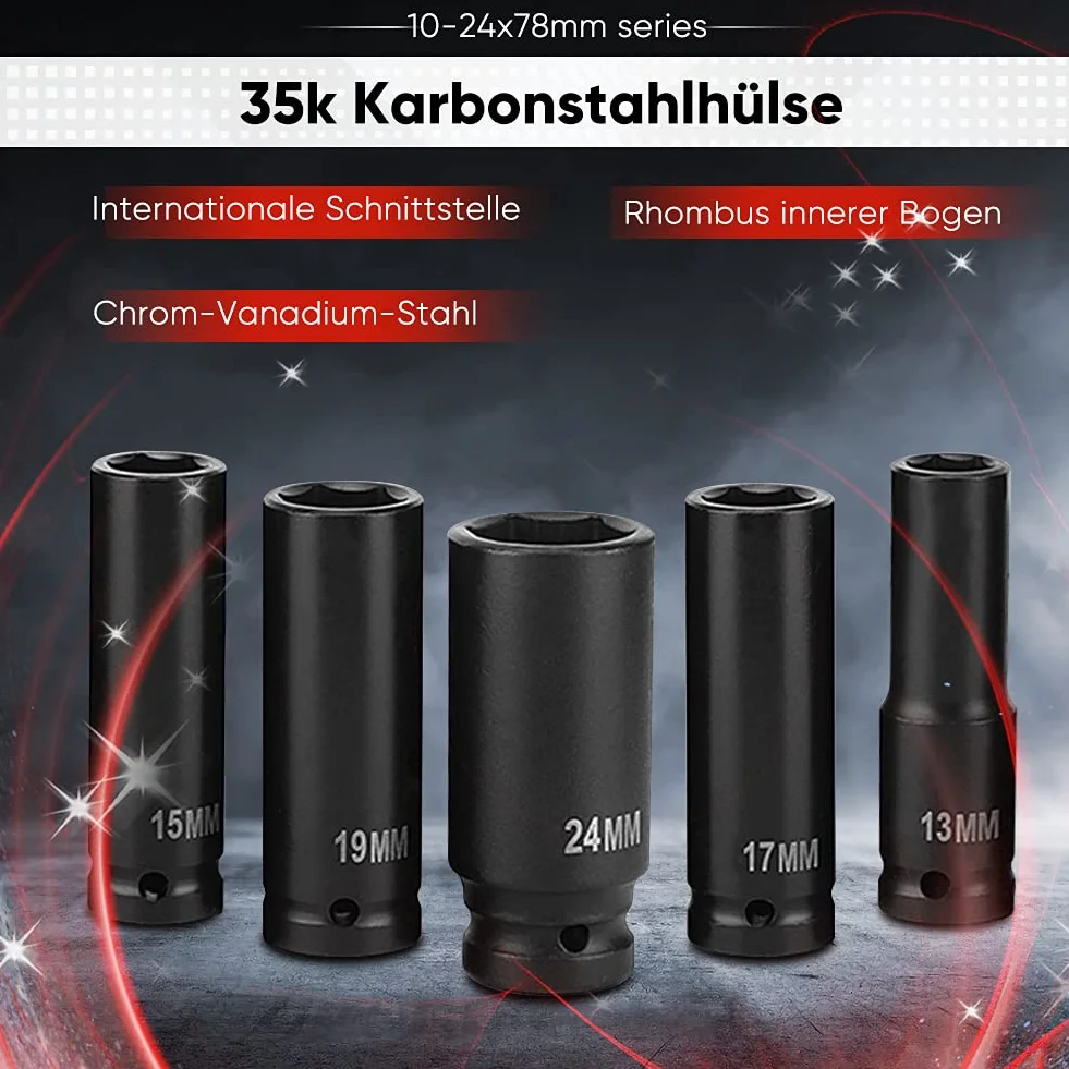 Zestaw 10 Głębokich Nasadek Udarowych 1/2" 6-Punktowych Metryczne 10-24mm z Adapterem i Etui Profesjonalne Klucze Pneumatyczne Do Samochodów i Warsztatów