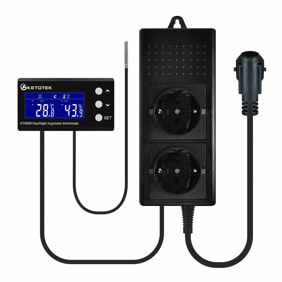 KETOTEK Termostat gniazdko z higrostatem cyfrowym z programatorem czasowym w dzień/noc, regulator temperatury, regulator wilgotności, gniazdko z czujnikiem 230 V, regulator temperatury i wilgotności