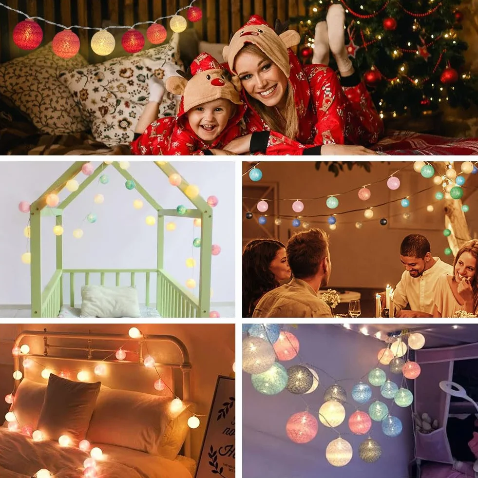 HOTUT Łańcuch świetlny z kulek bawełnianych, 3,3 m USB String Lights w kształcie kulek, łańcuch świetlny 20 LED z bawełnianymi kulkami do pokoju dziecięcego, wesele, imprezę, wystrój