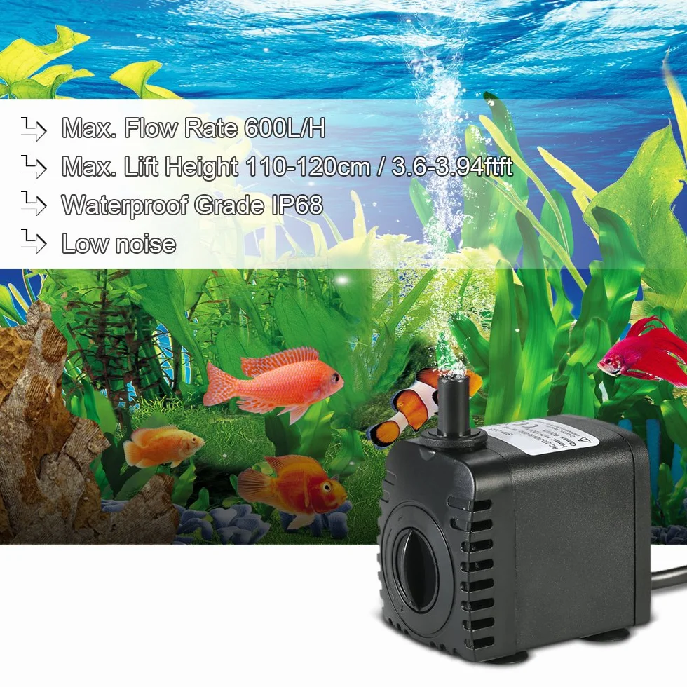 Decdeal Zatapialna pompa wodna 600L/H 8 W do akwarium fontann stołowych, stawów, ogrodów wodnych i systemów hydroponicznych z 2 dyszami AC220-240V