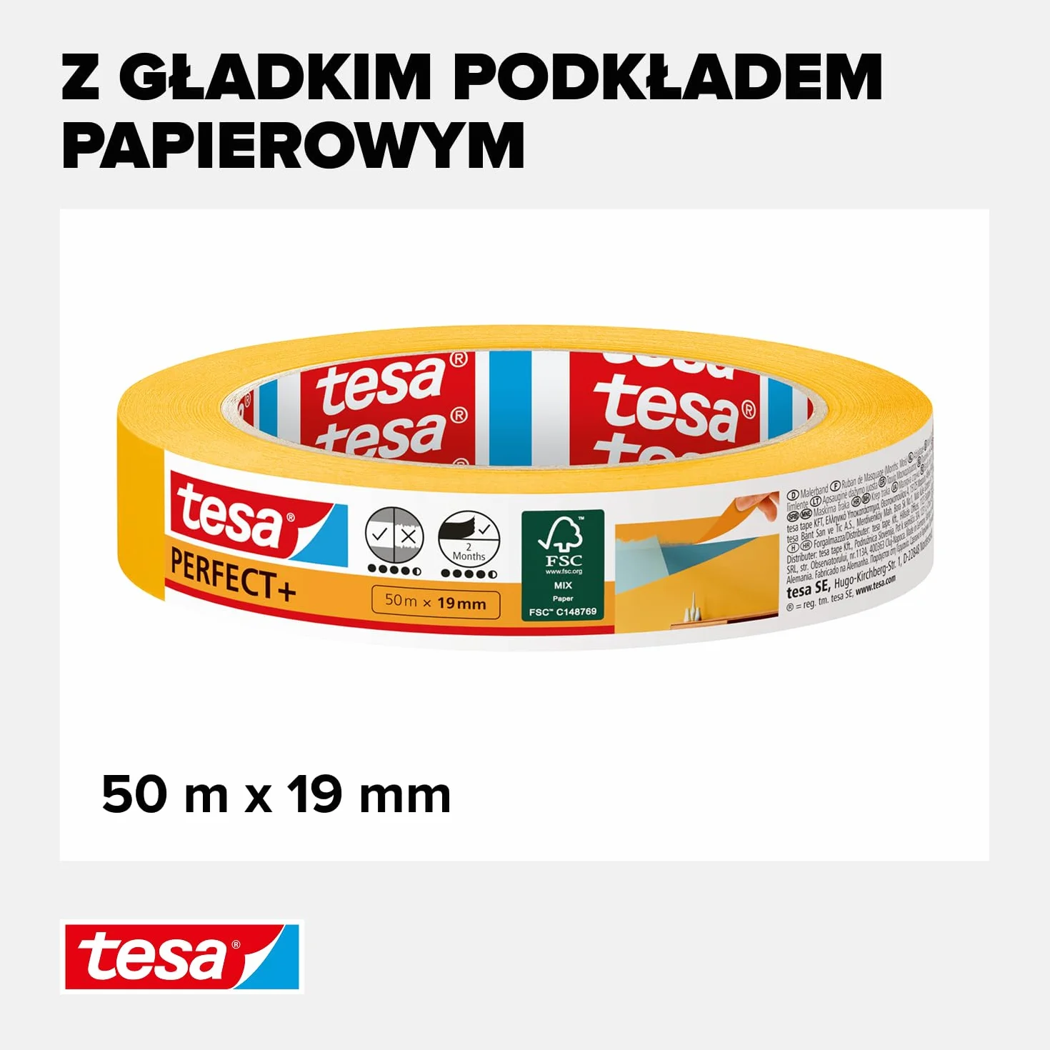 tesa Perfect+ - malarska taśma maskująca z cienkiego papieru Washi do precyzyjnego maskowania podczas malowania - do stosowania wewnątrz pomieszczeń - 50m x 19mm