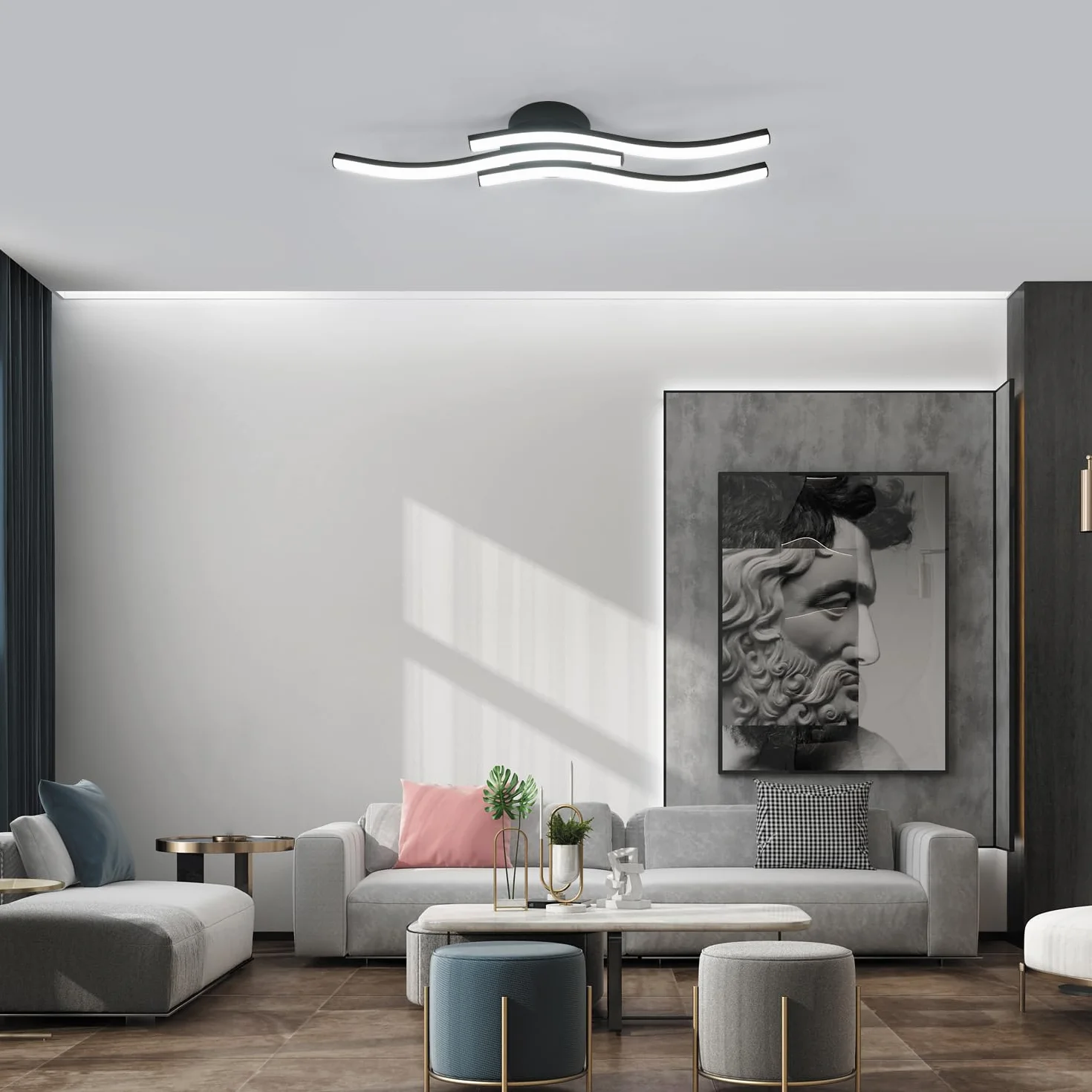Comely Plafon LED, 3 Fale Design 20W 2050LM Zimna Biel 6500K Nowoczesna Lampa Sufitowa, Czarna Oprawa Sufitowa Do Salonu, Sypialni, Kuchni, Korytarza, Czarny