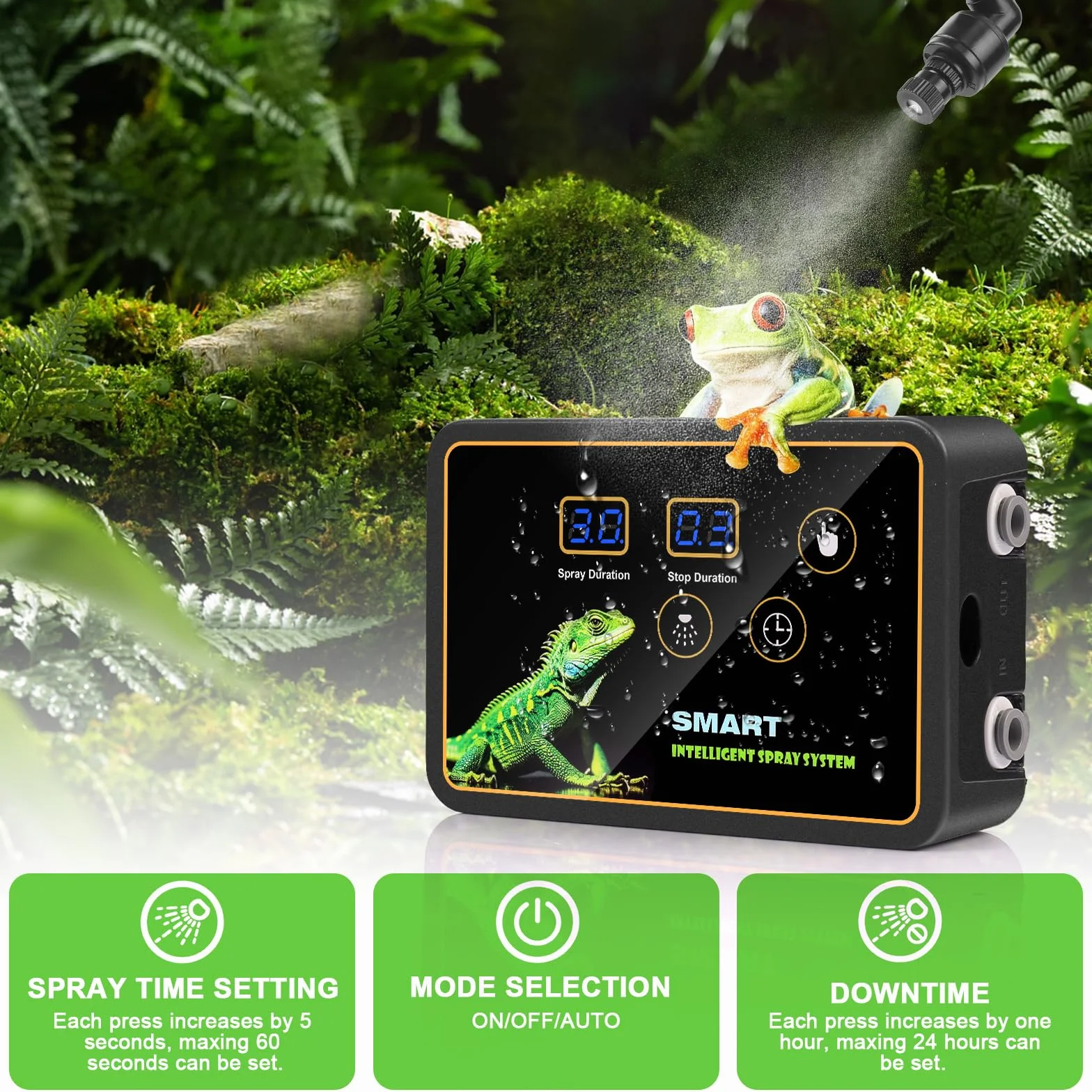 inteligentny system zraszania terrarium, nawilżacz powietrza z timerem i dyszami natryskowymi, regulacja 360°, nawilżacz powietrza, nebulizator do terrarium dla płazów, gadów, roślin