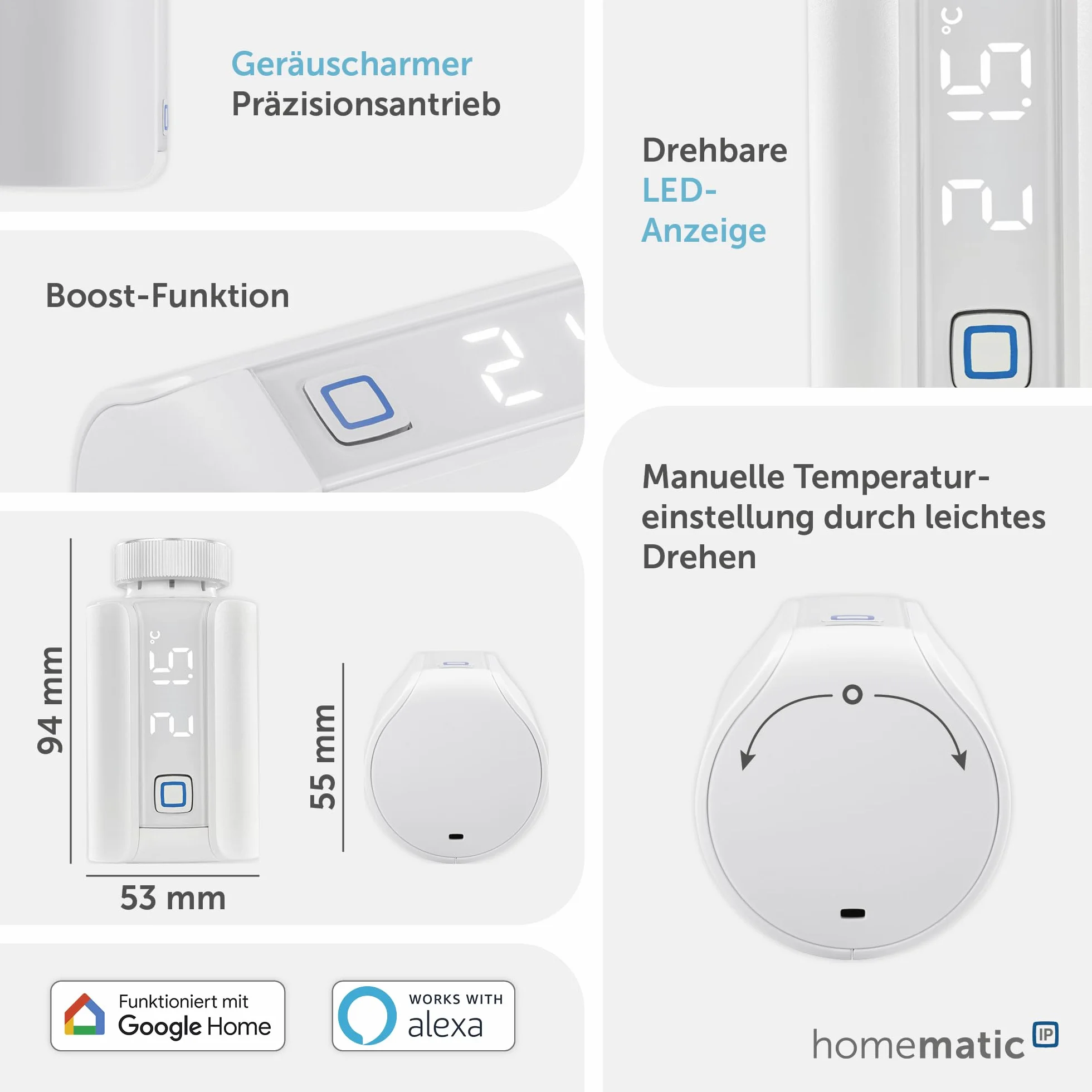 Homematic LP Smart Home termostat do grzejnika EVO, Biały, 53 x 55 x 94 mm