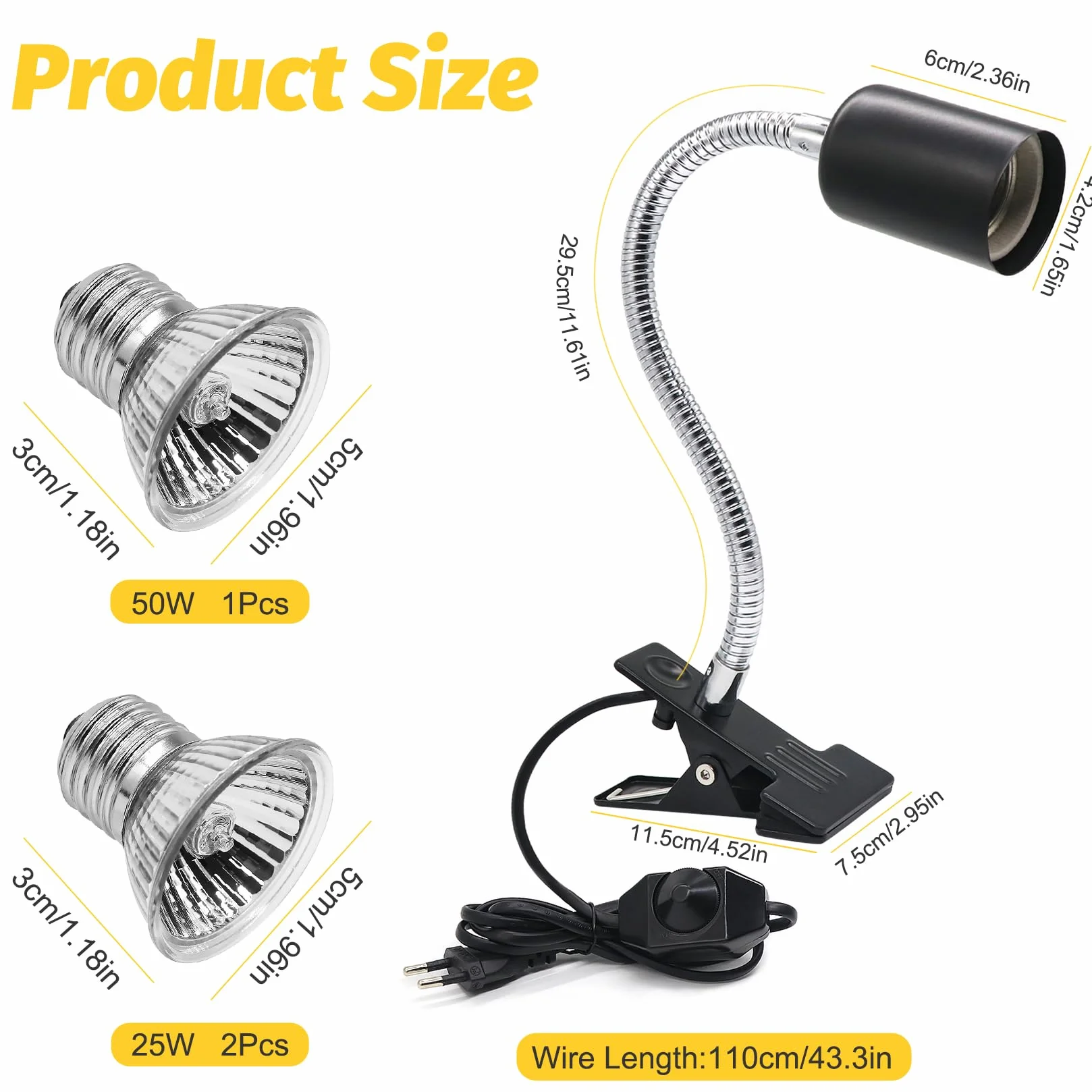 Turtle Lampa grzewcza z 3 żarówkami E27 w zestawie Lampa terrarium dla żółwi z klipsem dla gadów obracana o 360°, podgrzewana żółw, odpowiednia dla jaszczurek, żółwi, węży, kameleonów