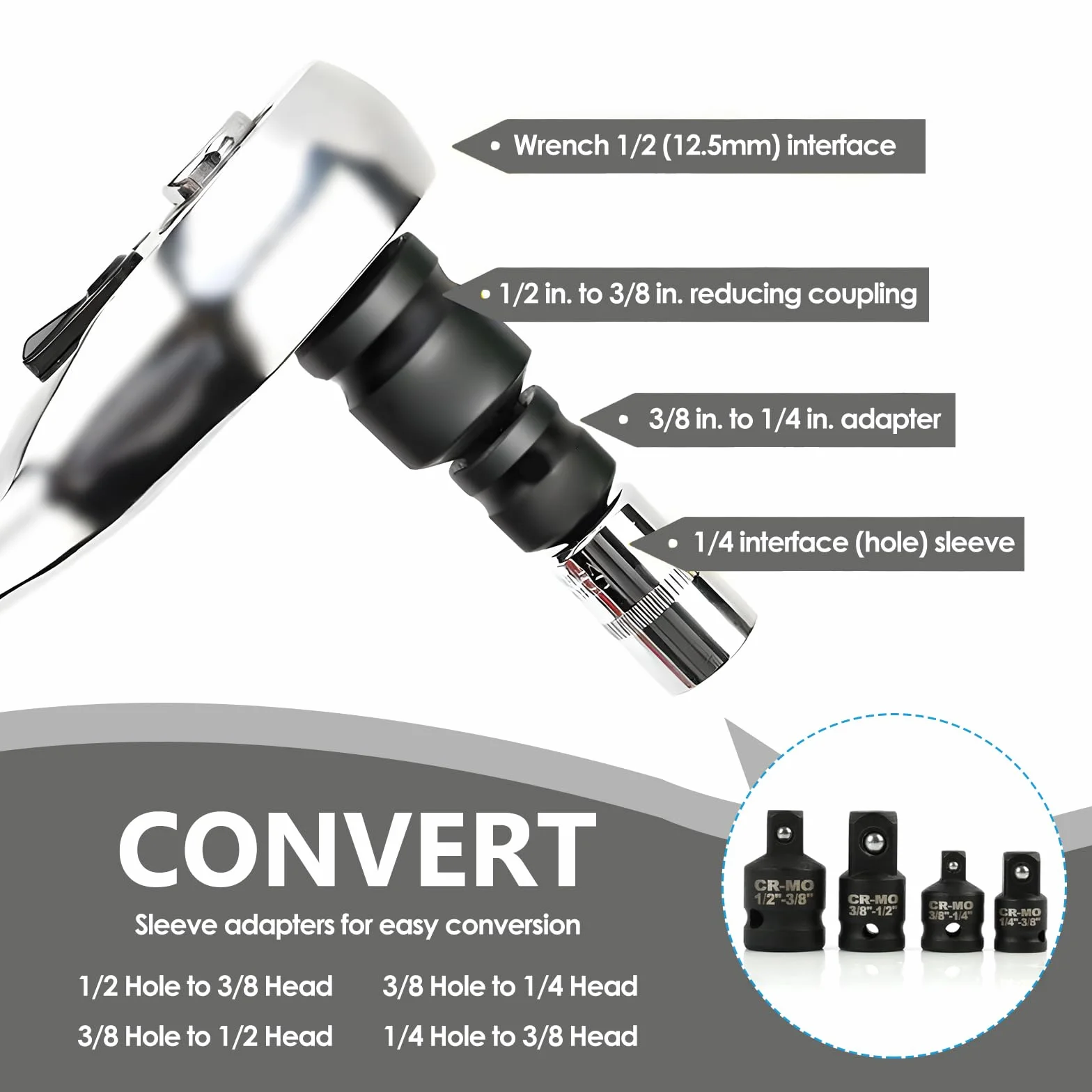 4-częściowy adapter nasadowy 1/4 na 3/8, 3/8 na 1/2, czarny