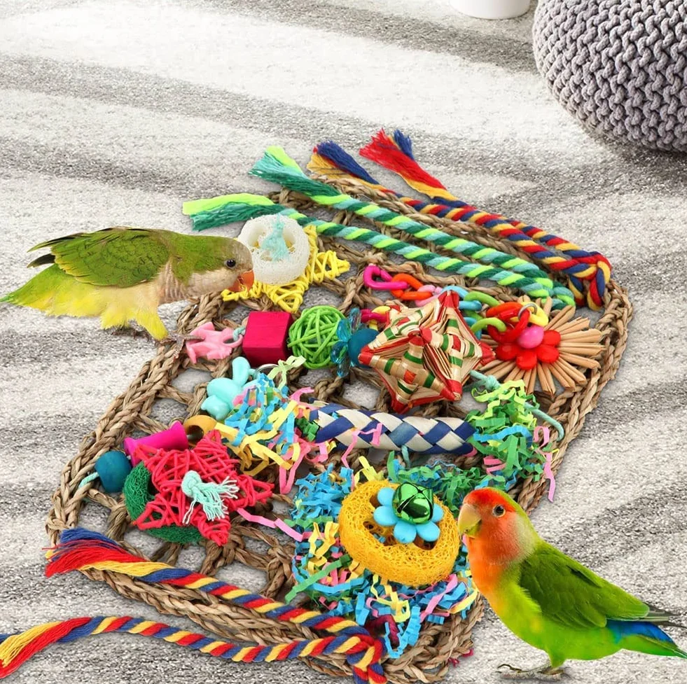 Zabawki do żerowania papugi Cockatiel Conures Lovebirds - ściana z trawy morskiej z różnymi zabawkami dla ptaków