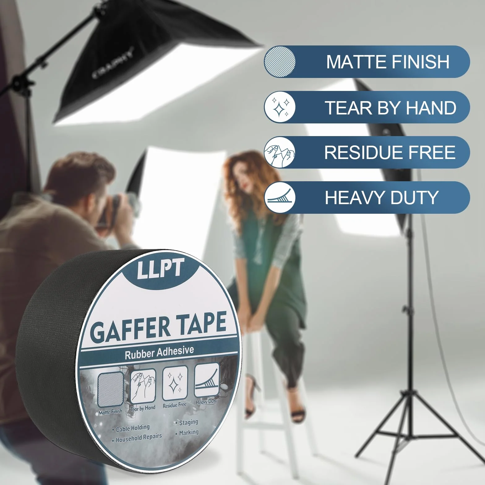LLPT Taśma Gaffer Profesjonalna Jakość Biała 50 mm x 15 m Matowa Nieodblaskowa Łatwy Zerwanie Bez Pozostałości Odporna Taśma do Kabli Fotograficznych (PGT51WT)