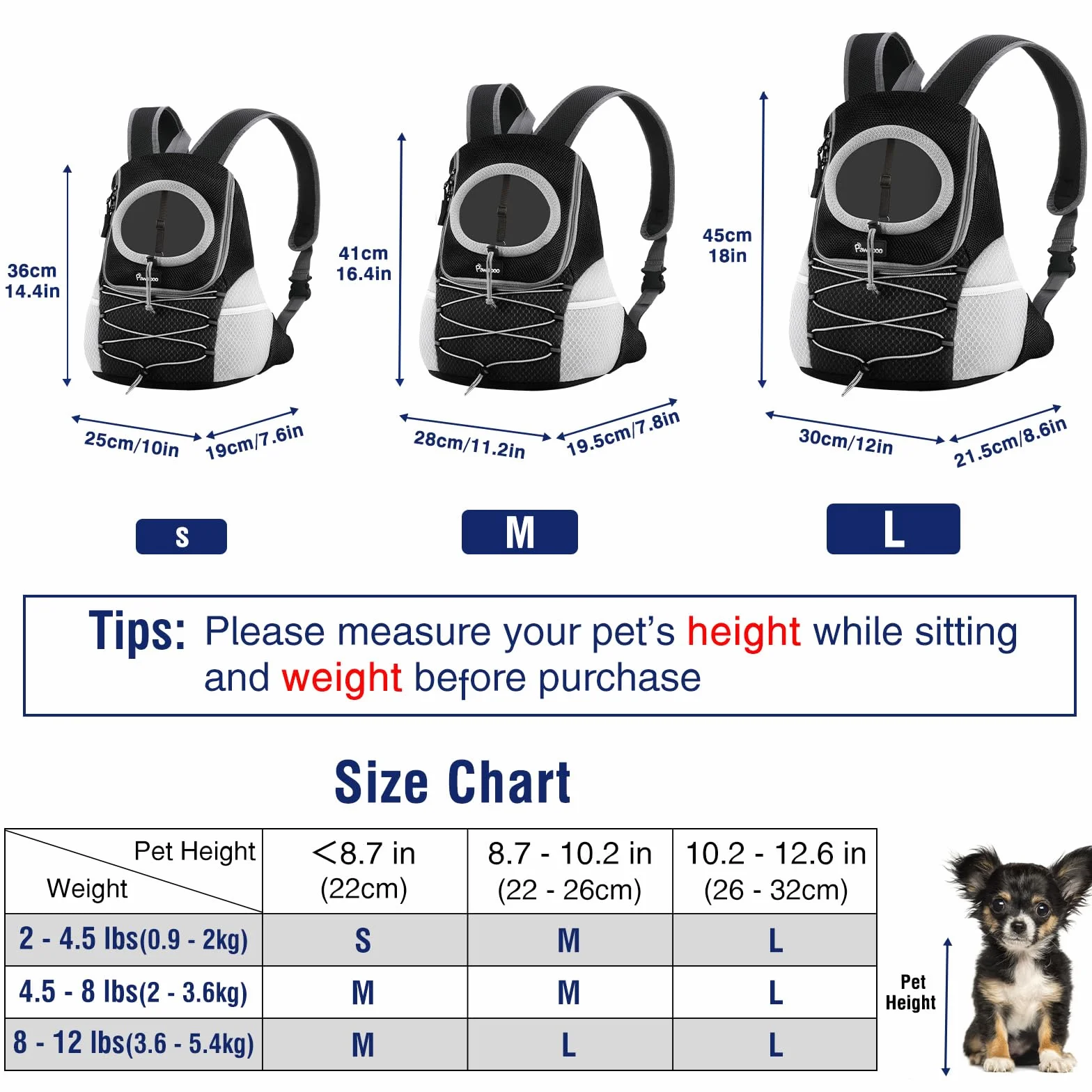 Pawaboo Pet Dog Carrier Backpack dla małych i średnich psów kotów, regulowany oddychający plecak podróżny z pasami bezpieczeństwa, czarny M
