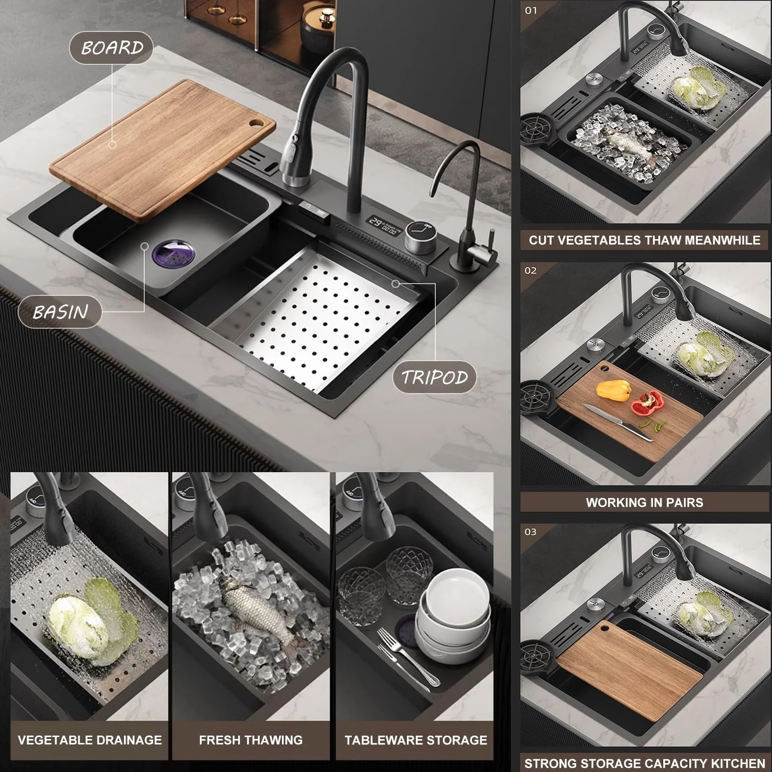 Nano Waterfall Sink Zlewozmywak kuchenny ze stali nierdzewnej 304, domowy, do warzyw, pojedynczy, zlew barowy, z wyciąganym kranem, myjka do kubków, kolor: A; wymiary: 75 x 46 cm