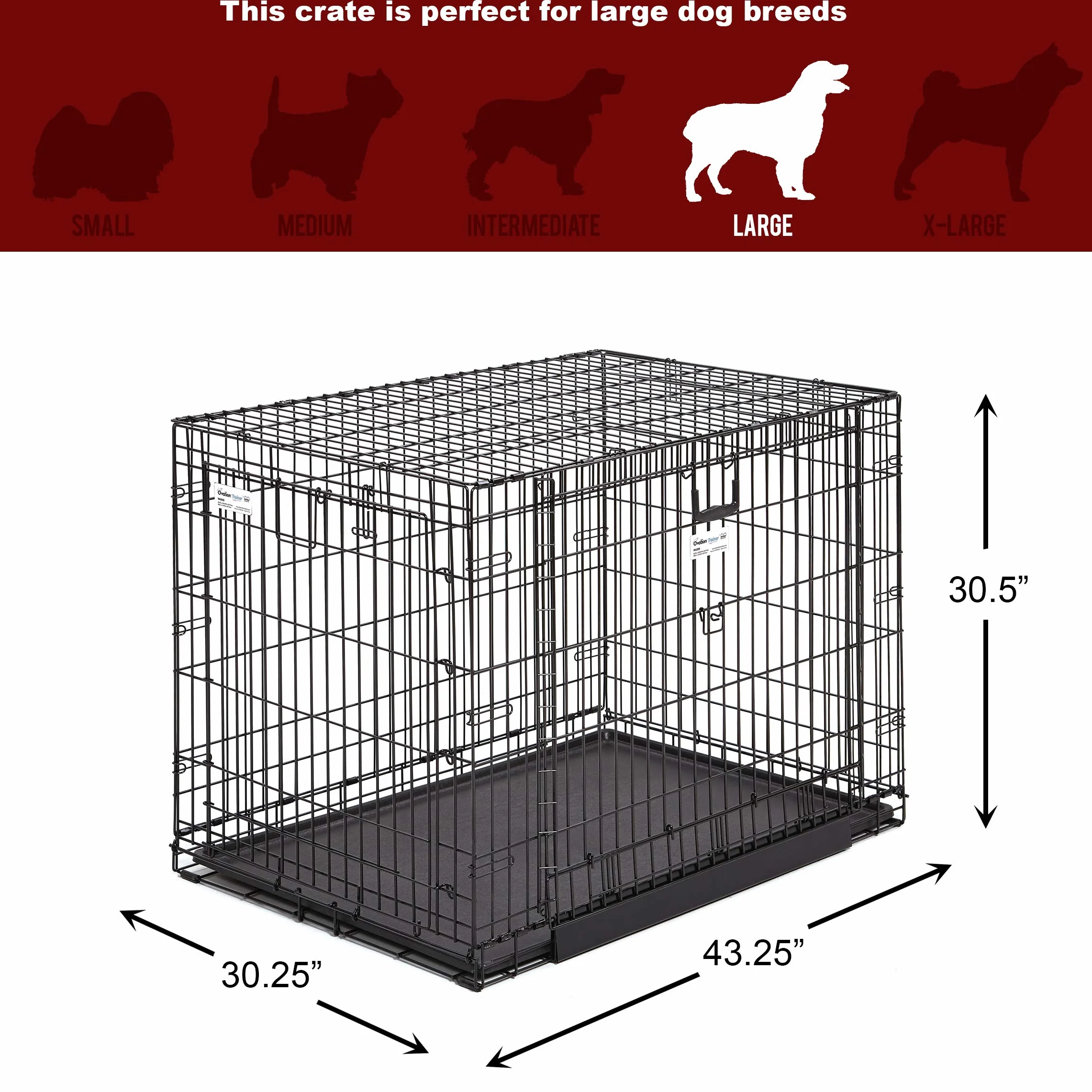 Midwest Homes for Pets Large Ovation Double Door 42-inch Folding Metal Dog Crate, Front and Up & Away Side Doors, Space-Saving Design