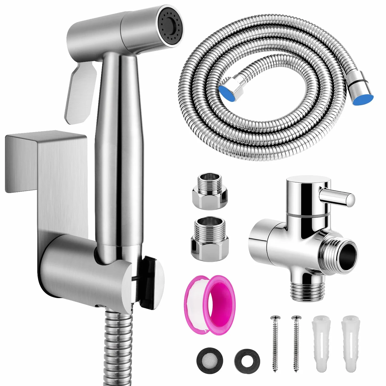 Natrysk Higieniczny (Bidet) ze Stali Nierdzewnej Szczotkowanej, Zestaw z Wężem i Zaworem G1/2” + G3/8” - do Toalety, Podmywania i Czyszczenia