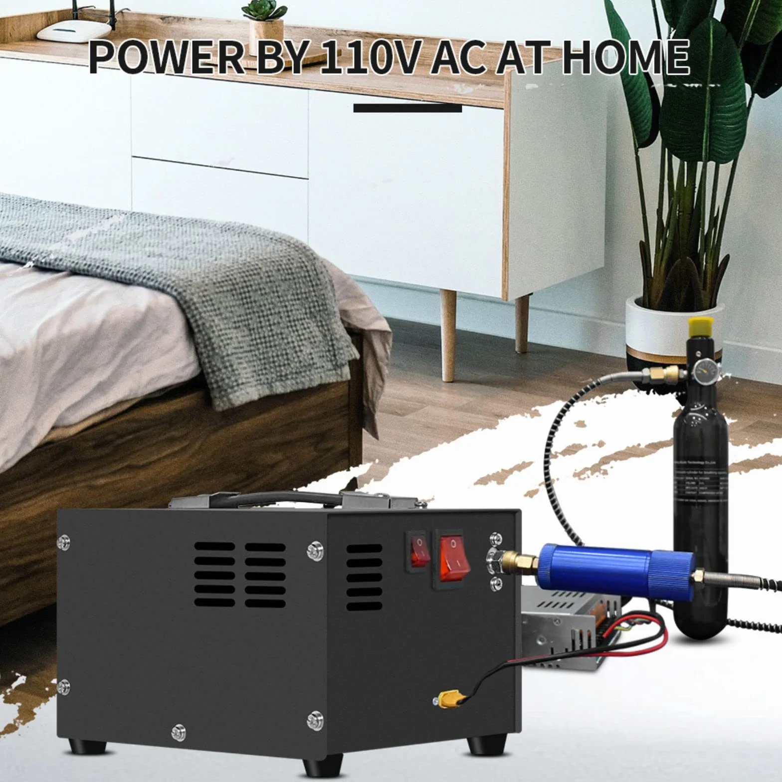 Sprężarka powietrza TUXING Pcp, 4500Psi 30Mpa, bezolejowa/wodna, zasilana samochodem 12 V DC lub domowym 220V AC z adapterem (w zestawie), pompa do wiatrówek i wiatrówek PCP (TXES061)