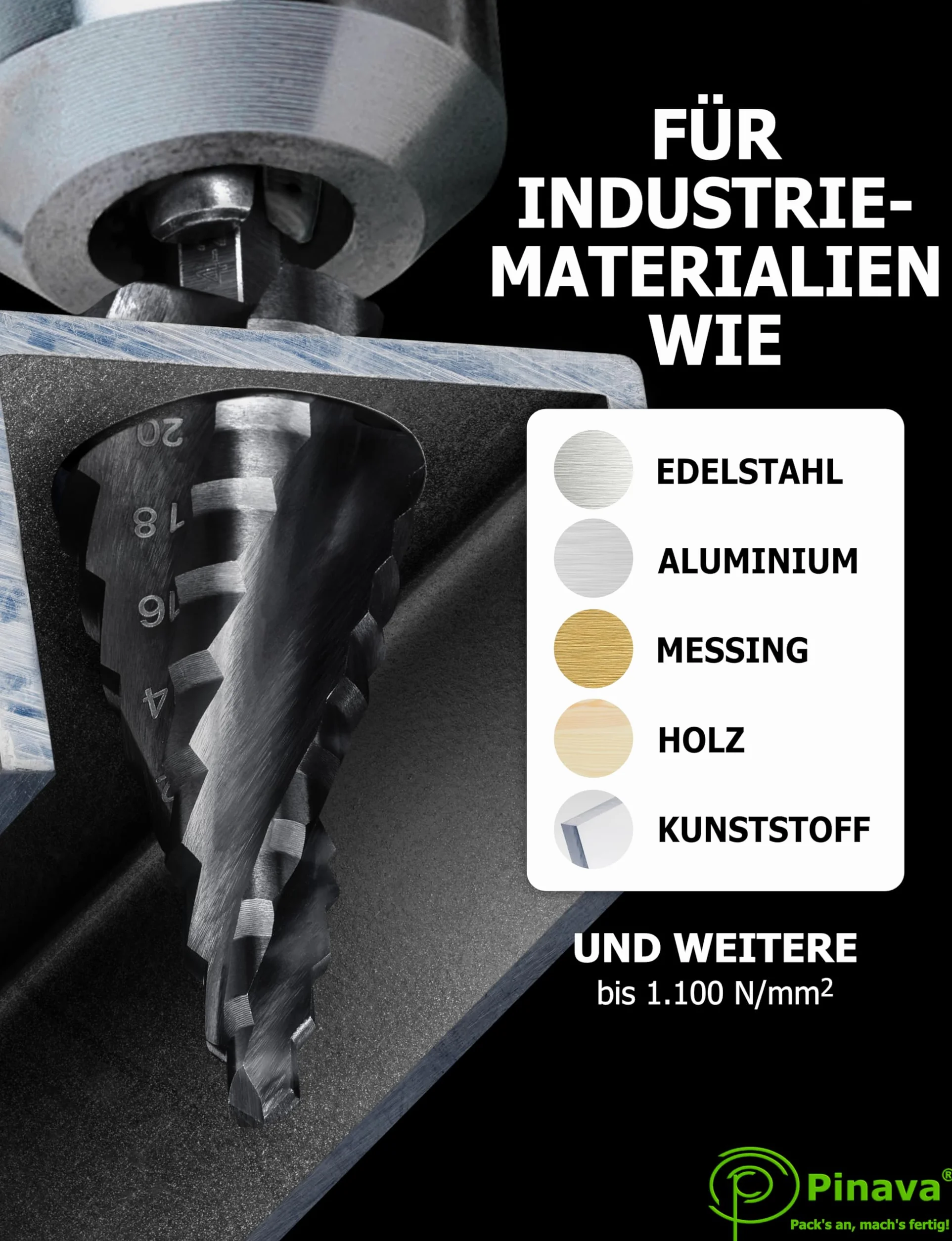 Pinava Wiertło stopniowe HSS Cobalt Pro 4XSPIRAL [szybsze, bardziej precyzyjne, trwalsze] Ø 4 – 22 mm – profesjonalne wiertło stożkowe do stali nierdzewnej, metalu, drewna, tworzywa sztucznego
