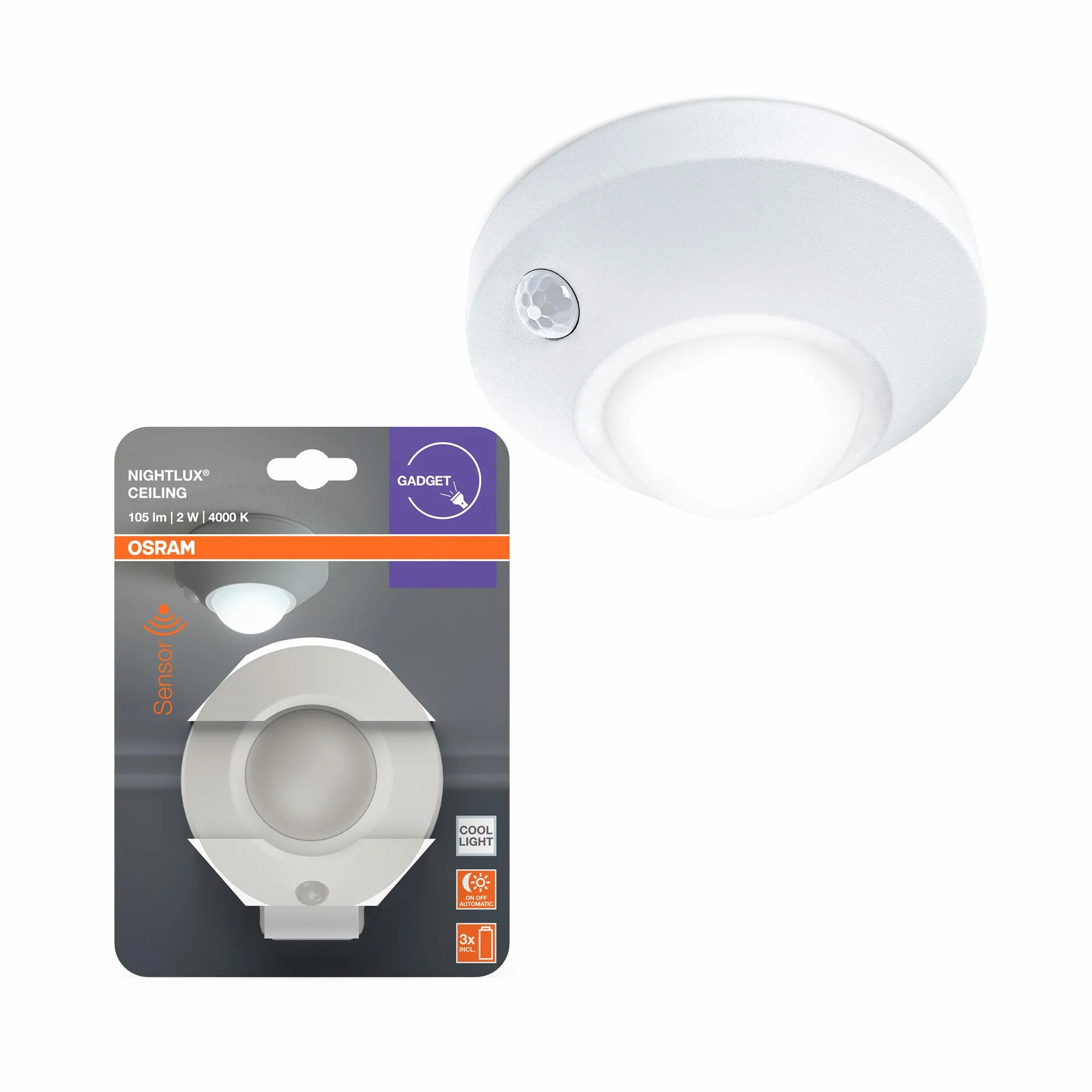 OSRAM Lampa sufitowa NIGHTLUX, biała, czujnik ruchu, IP20, zasilana bateryjnie, 4000 K zimna biel, idealna do korytarzy, schodów i wnętrz