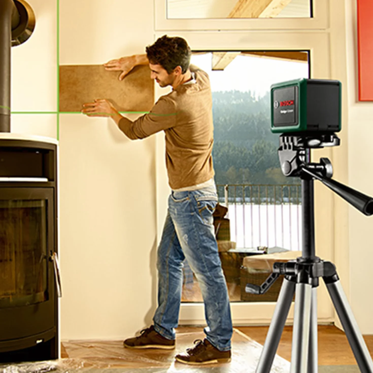 Bosch Home And Garden Laser Krzyżowy Quigo Green ze Statywem (Łatwe i Precyzyjne Wyrównywanie Elementów Dzięki Zastosowaniu Zielonej Wiązki Lasera o optymalnej Widoczności, Opakowanie Kartonowe)