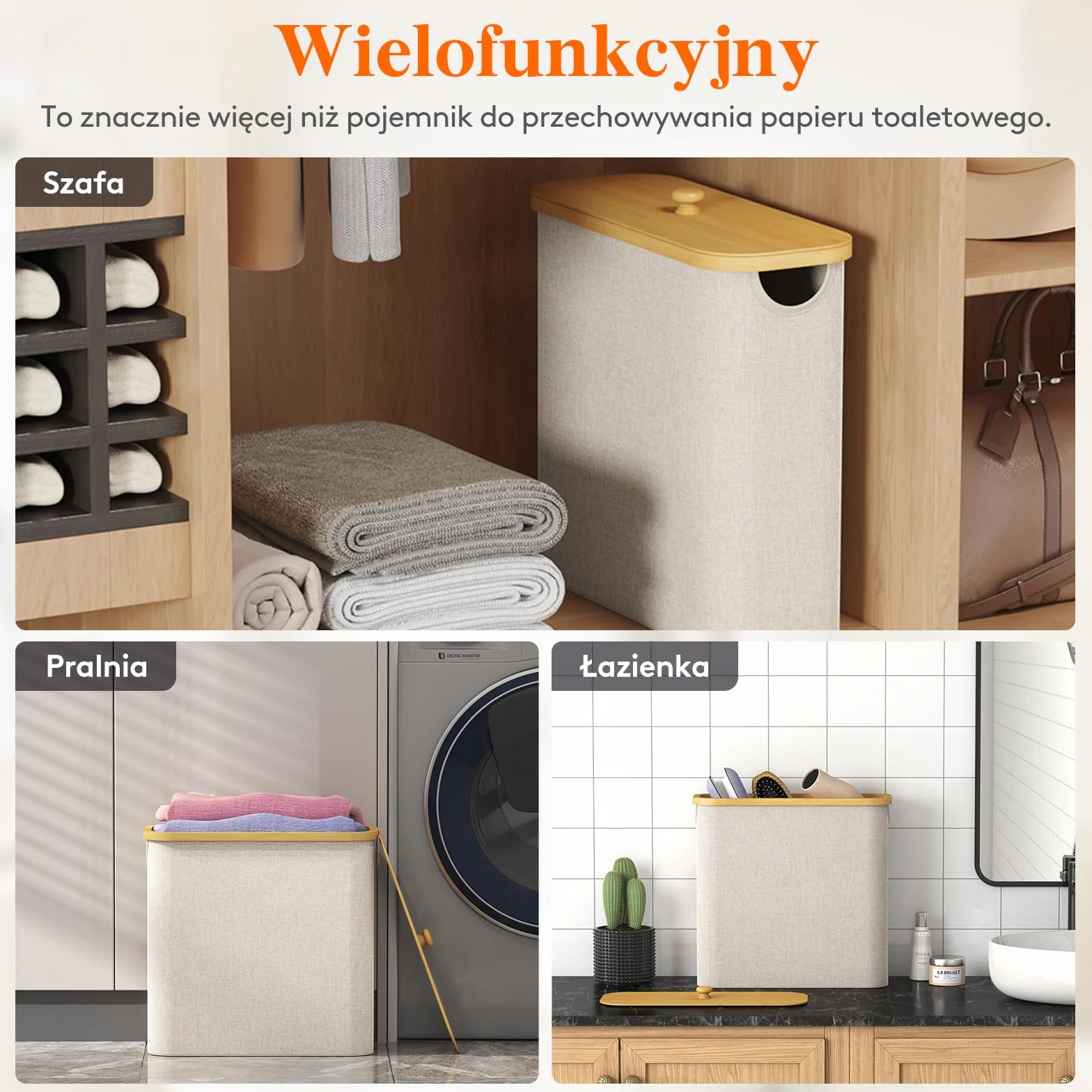 Lifewit Przechowywanie rolek papieru toaletowego, pudełko do przechowywania łazienkowego uchwyt stojak z pokrywką, bambusowy wielofunkcyjny kosz szafka na papier toaletowy z uchwytem, beżowy, 30L
