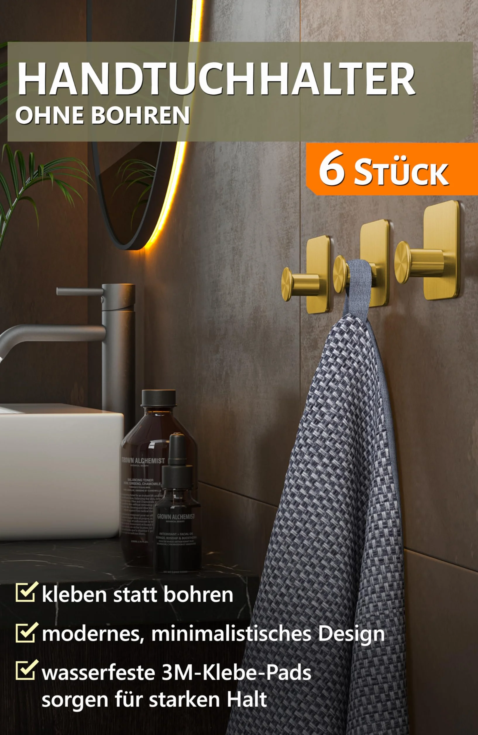 4smile Wieszak na ręczniki bez wiercenia, zestaw 6 sztuk, złoty design, samoprzylepne haczyki z podkładkami samoprzylepnymi 3M, eleganckie haczyki ścienne