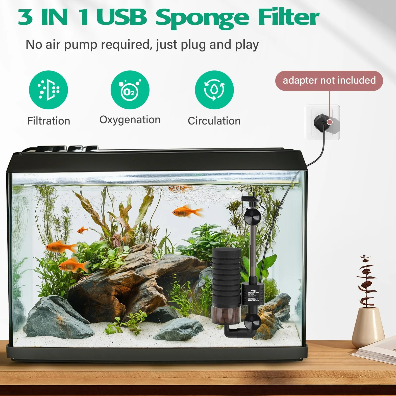 hygger Elektryczny filtr gąbkowy do akwarium, Power USB Single Aquarium Filtr Fish Tank Filtr, filtr zbiornika rybnego, cicha pianka zanurzeniowa, filtr do akwarium z filtrowanymi kulkami ceramicznymi