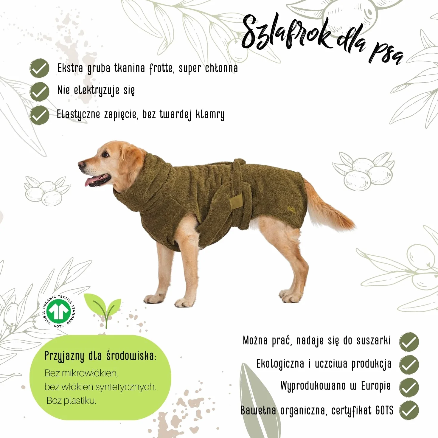 Lill's - Szlafrok dla psa, 100% bawełna organiczna, Organic Olive (Zielony) (M: 55 cm długość pleców)