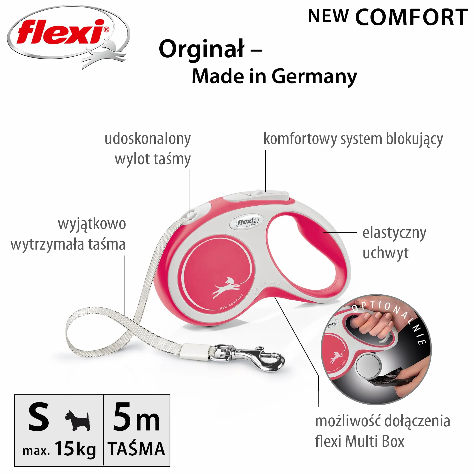 Flexi Nowa komfortowa taśma szara i czerwona mała 5 m chowana smycz dla psa/smycz dla psów do 15 kg