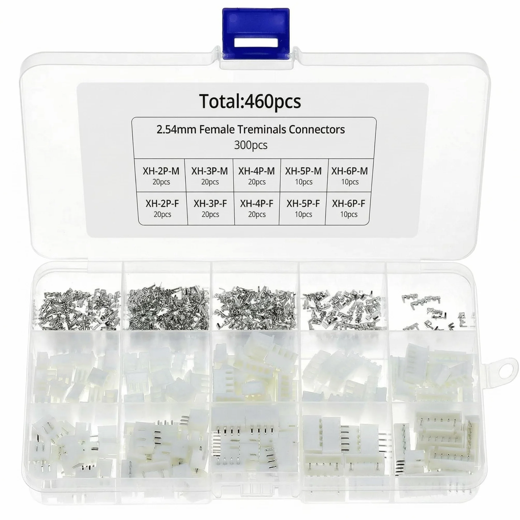 QWORK Zestaw złączy JST-XH 460 sztuk, 2,54 mm, 2/3/4/5/6 pinów męskich/żeńskich z zaciskanymi zaciskami, do zastosowań elektronicznych i LED
