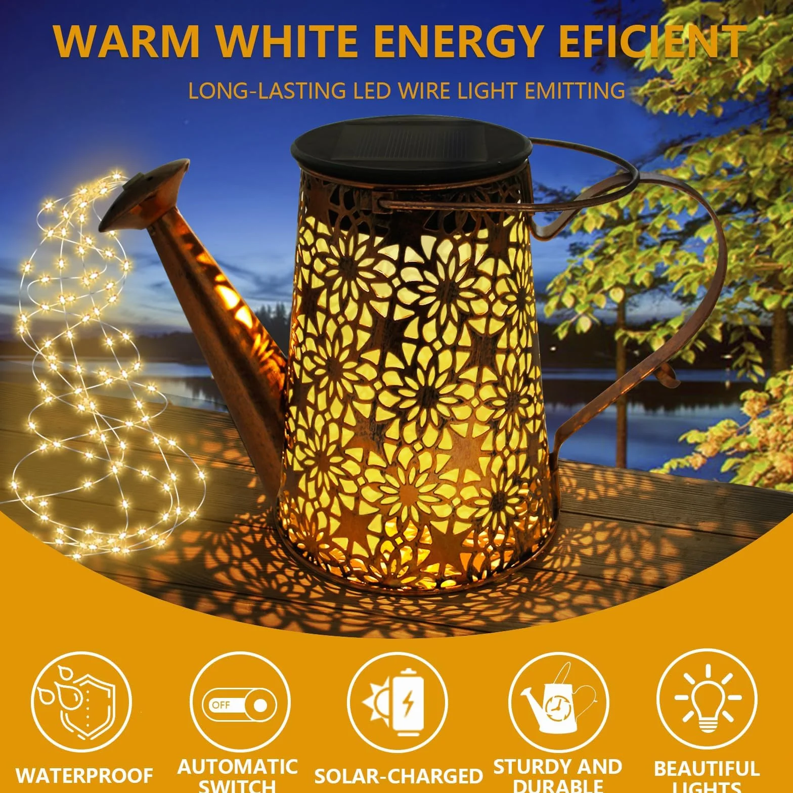 HELESIN Lampy solarne z łańcuchem świetlnym, konewka Fairy Garden Light (2 sztuki), solarna konewka LED z łańcuchem świetlnym na zewnątrz, do ogrodu, na patio, doniczkę i trawnik (z 2 stojakami)