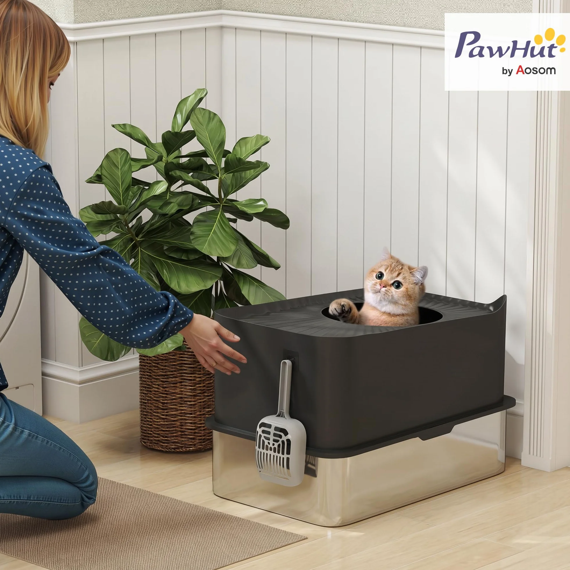 PawHut Kuweta dla kota XXL ze stali nierdzewnej, 65 l, duża pojemność, toaleta dla kota, z antypoślizgową łopatą i podkładkami, łatwa do czyszczenia, 60 x 40 x 38 cm, czarna