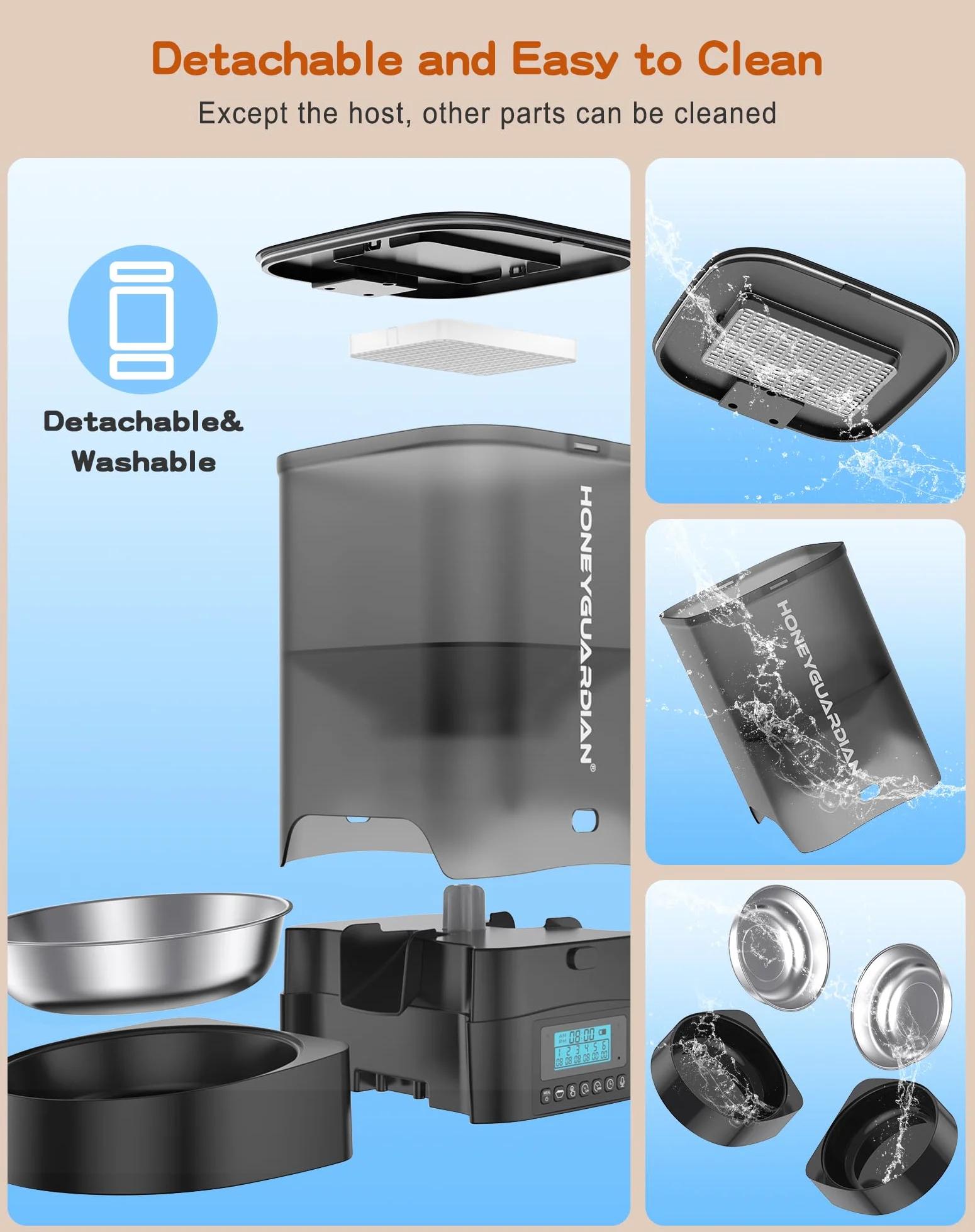 HoneyGuaridan Automat do karmy dla kotów 3,5 l, 2 miski, stalowa miska, programator