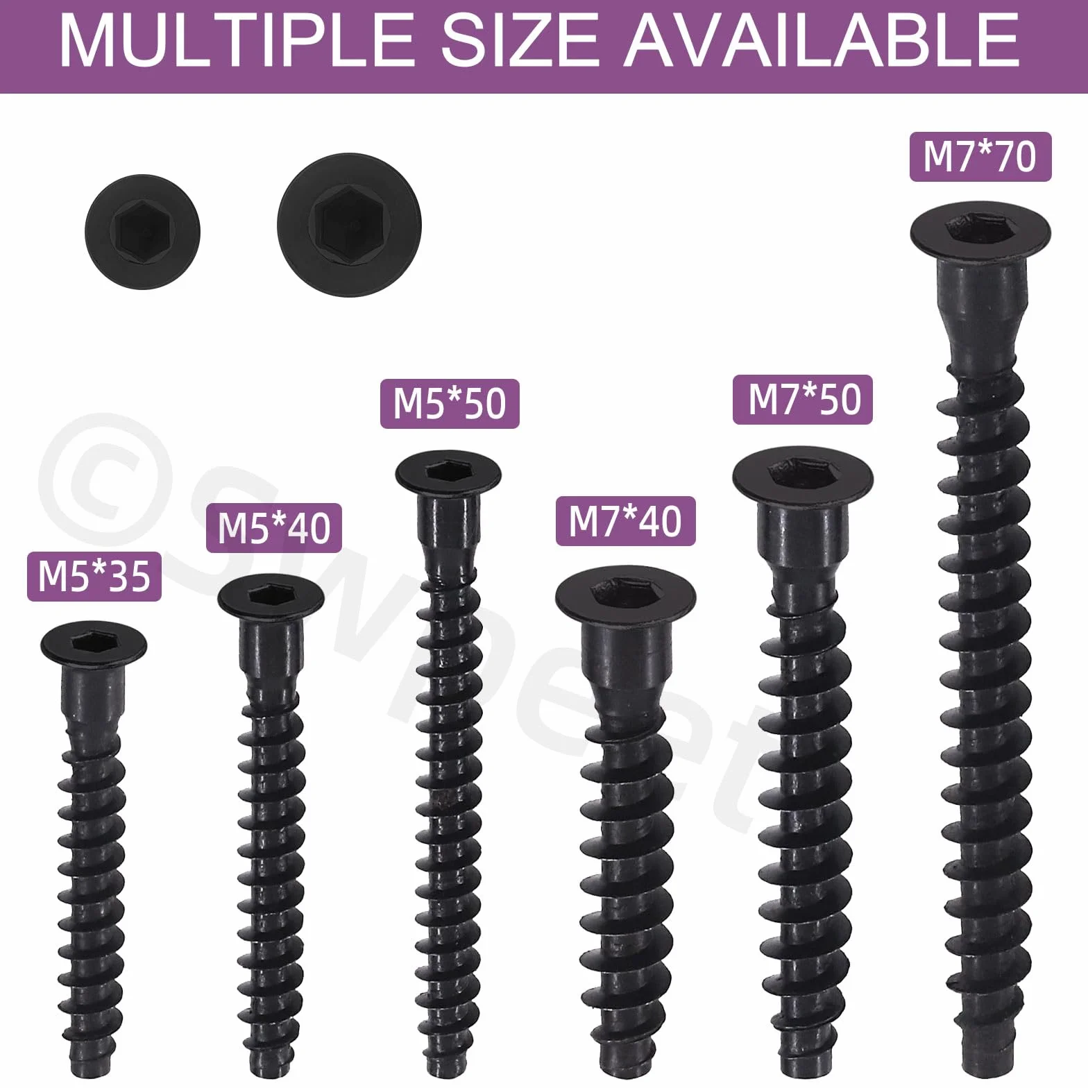 Swpeet 130 sztuk 6 rozmiarów M5 x 35 mm/40 mm/50 mm & M7 x 40 mm/50 mm/70 mm Ocynkowane śruby Confirmat ze stali węglowej Zestaw asortymentowy, Wkręty meblowe łączące z łbem walcowym stożkowym