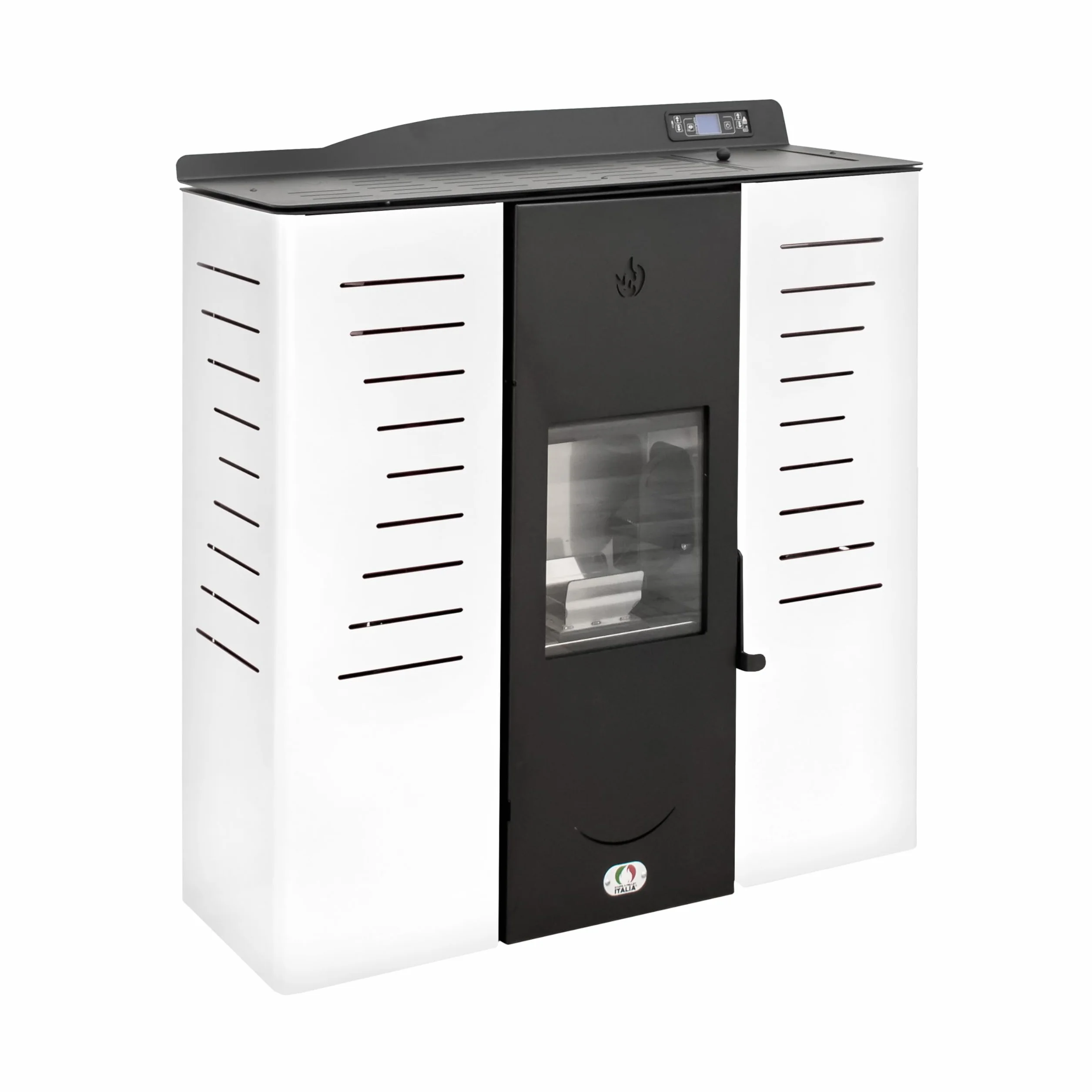 STUFE A PELLET ITALIA Italia 20 KW, 5-gwiazdkowa patelnia na pellet wodorowy, do ogrzewania i ciepłej wody, wydajność ogrzewania 89%, 130 m², czas pracy 16 h, programowalna, 5 mocy, 24 miesiące, biała