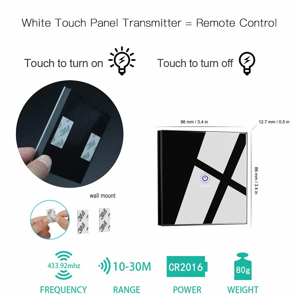 KTNNKG Zestaw bezprzewodowych włączników światła – 2 szklane piloty dotykowe, bezprzewodowy włącznik/wyłącznik do oświetlenia, prosty standardowy montaż natynkowy