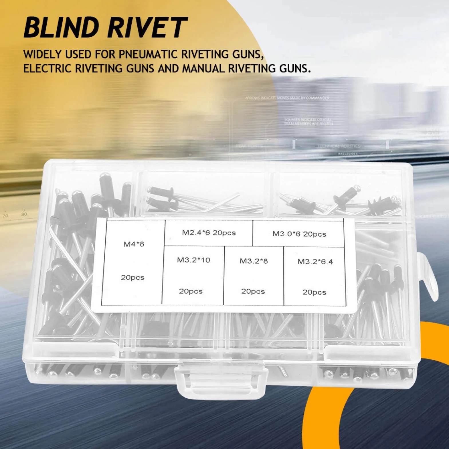 120 sztuk/zestaw M2.4 / M3.0 / M3.2 / M4 Czarne nity Nity POP Asortyment czarne Nity POP Nity zrywalne aluminium w pudełku, do nitownic pneumatycznych, nitownic elektrycznych