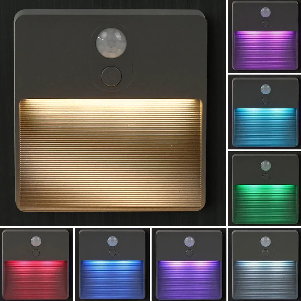 HOTUT Lampka nocna z czujnikiem ruchu, lampki nocne zasilane bateriami, ciepłe światło, 4 kolory RGB, automatyczne włączanie/wyłączanie, światła z czujnikiem schodów wewnątrz, lampka nocna na schody