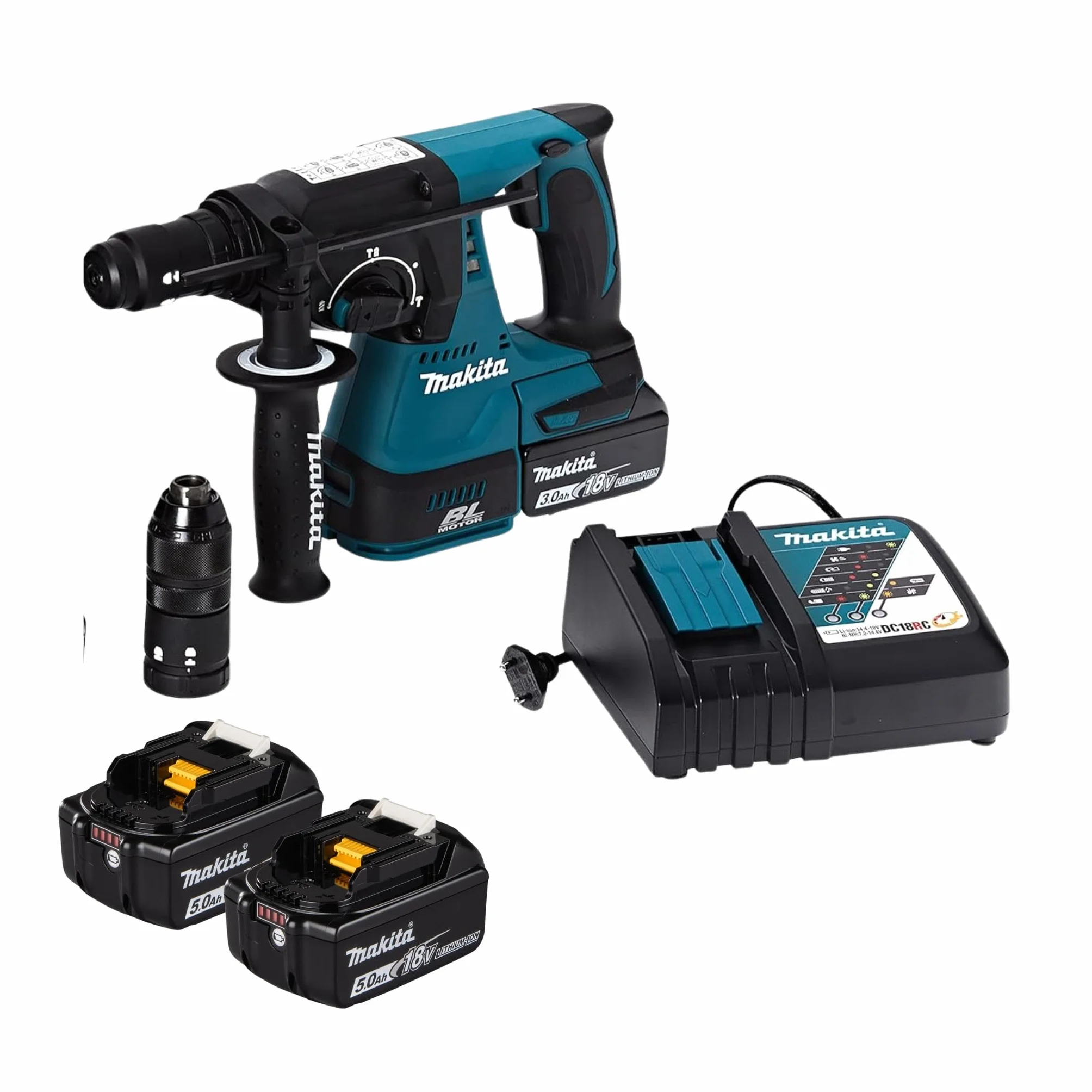 Makita DHR243RTJB młotek akumulatorowy do SDS-PLUS 18 V w kolorze czarnym / 5,0 Ah, 2 akumulatory + ładowarka w MAKPAC