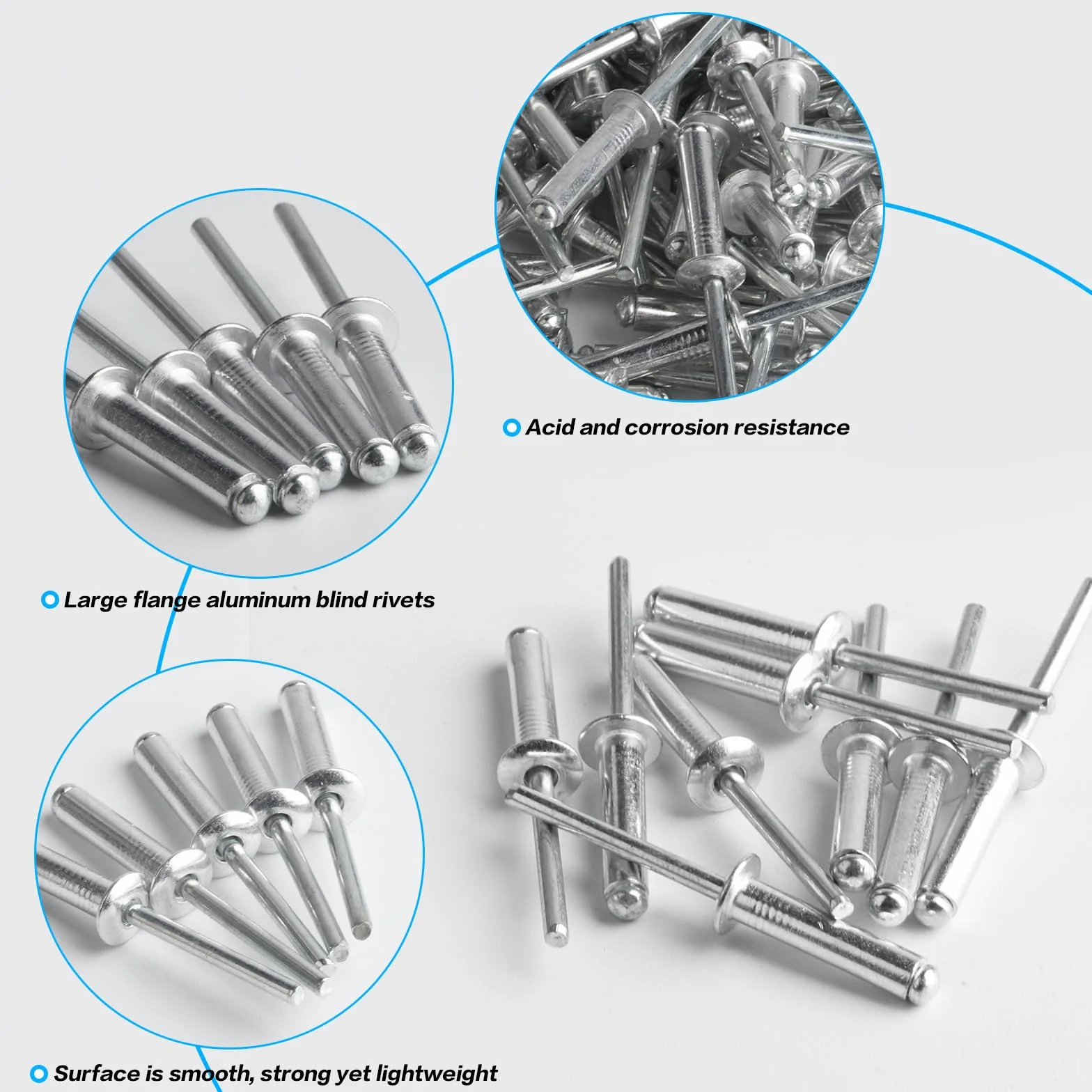 Zestaw 120 nitów zrywalnych aluminiowych 4,8 x 20 mm z dużym kołnierzem