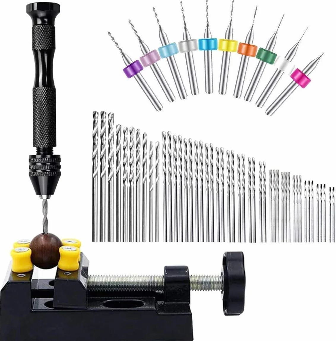 60 sztuk imadła z trzpieniem, mini wiertła 0,3-1,2 mm do PCB i wiertła kręte 0,5-3,0 z precyzyjnym imadłem ręcznym do drewna, biżuterii, plastiku itp