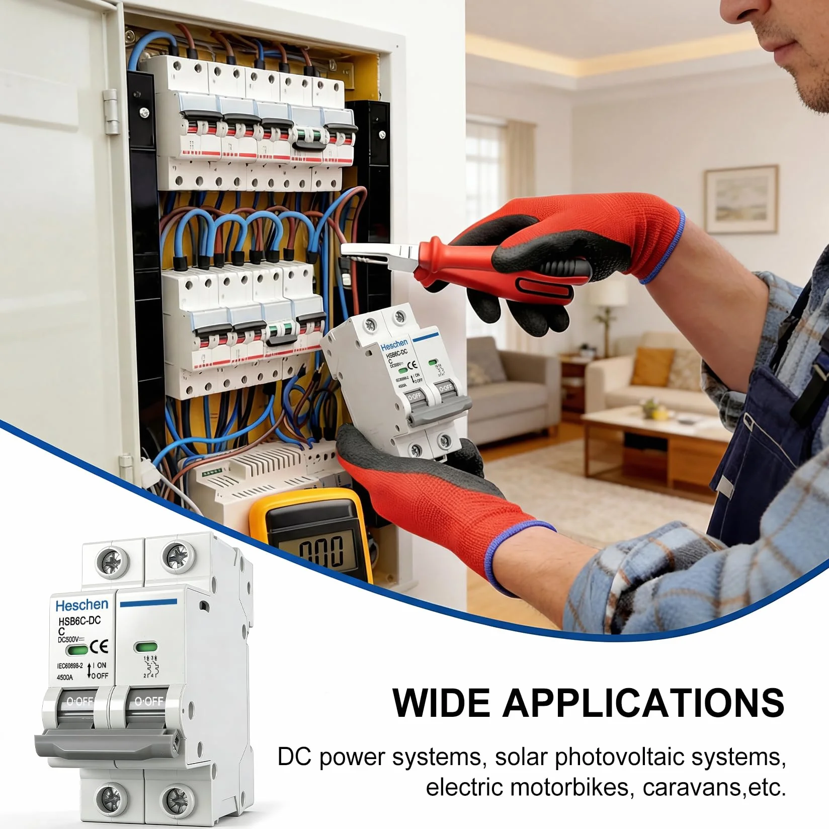 Heschen Miniaturowy wyłącznik mocy DC, HSB6C-DC, 2-biegunowy, DC 500 V 20 A, wyłącznik fotowoltaiczny, do instalacji solarnych PV, ogniwa słoneczne, system kratowy, montaż na szynie DIN 35 mm (20A)