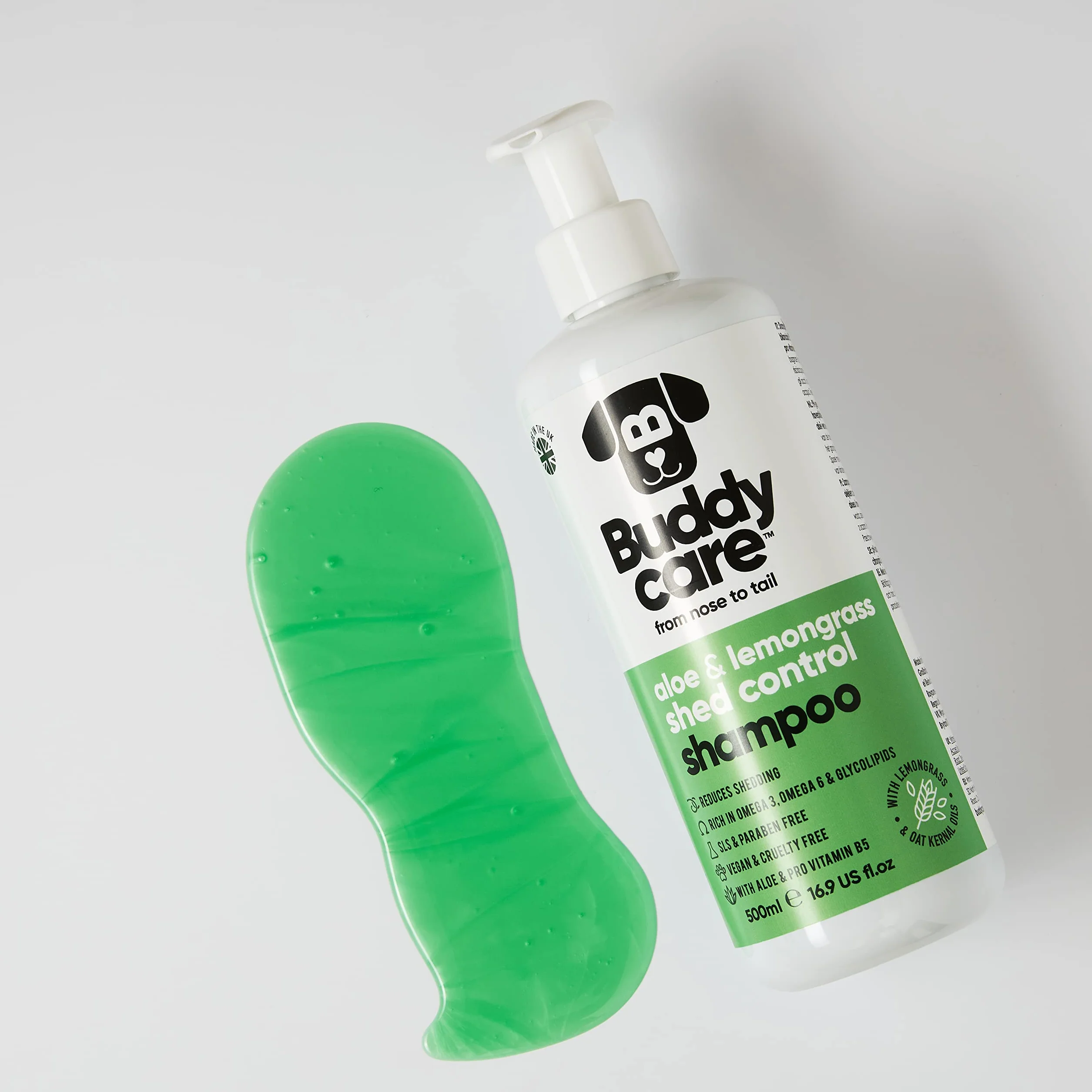 Buddycare Shed Control szampon dla psów, 500 ml, o zapachu aloesu i trawy cytrynowej, z aloesem i pro witaminą B5, szampon dla szczeniąt, delikatna formuła dla wszystkich ras, wegańska i wolna od