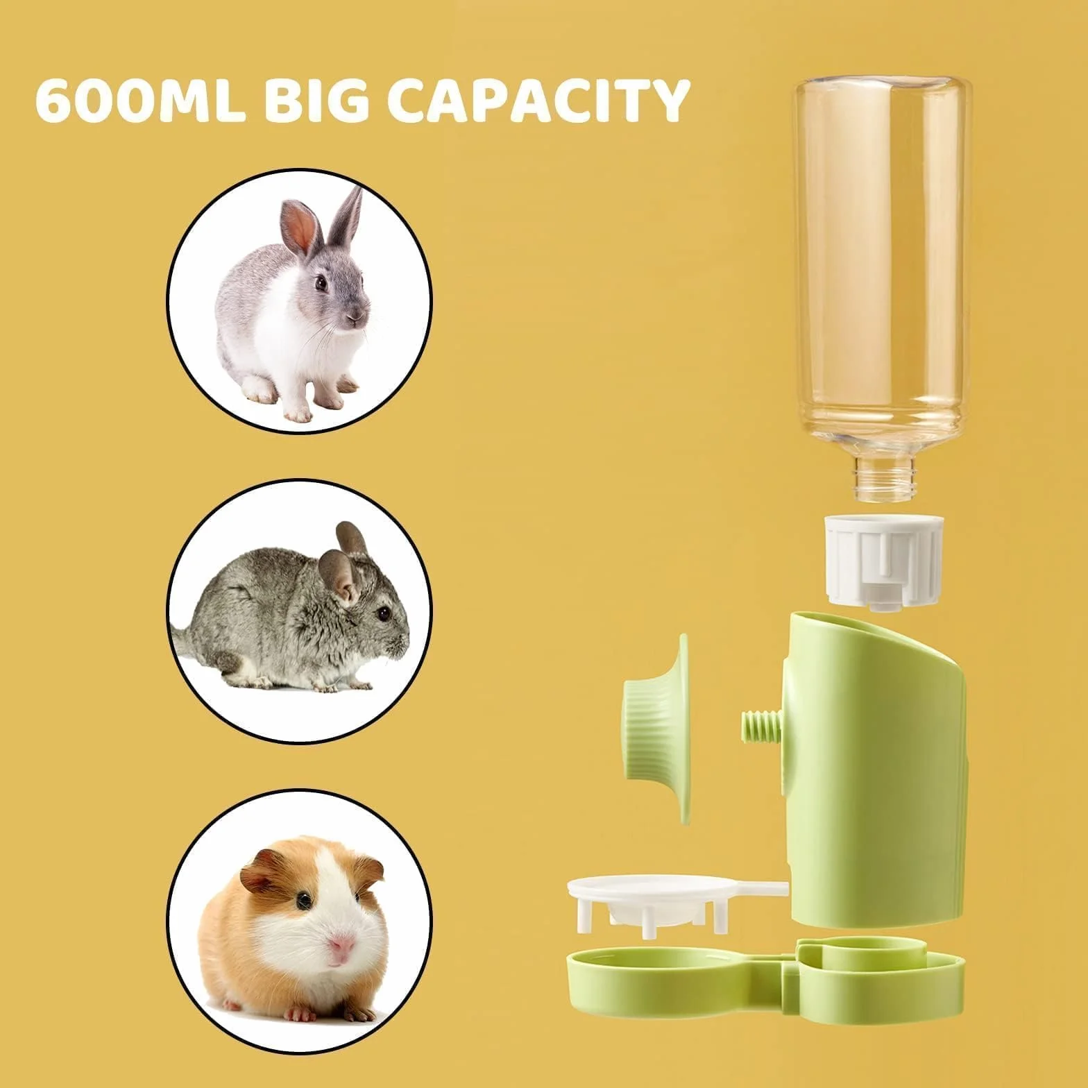 Automatyczny dozownik wody, królik [zielony, 600 ml], wisząca butelka na napoje dla zwierząt domowych, królików, świnek morskich, chomików, szynszyli, fretek, klatka, butelka na wodę