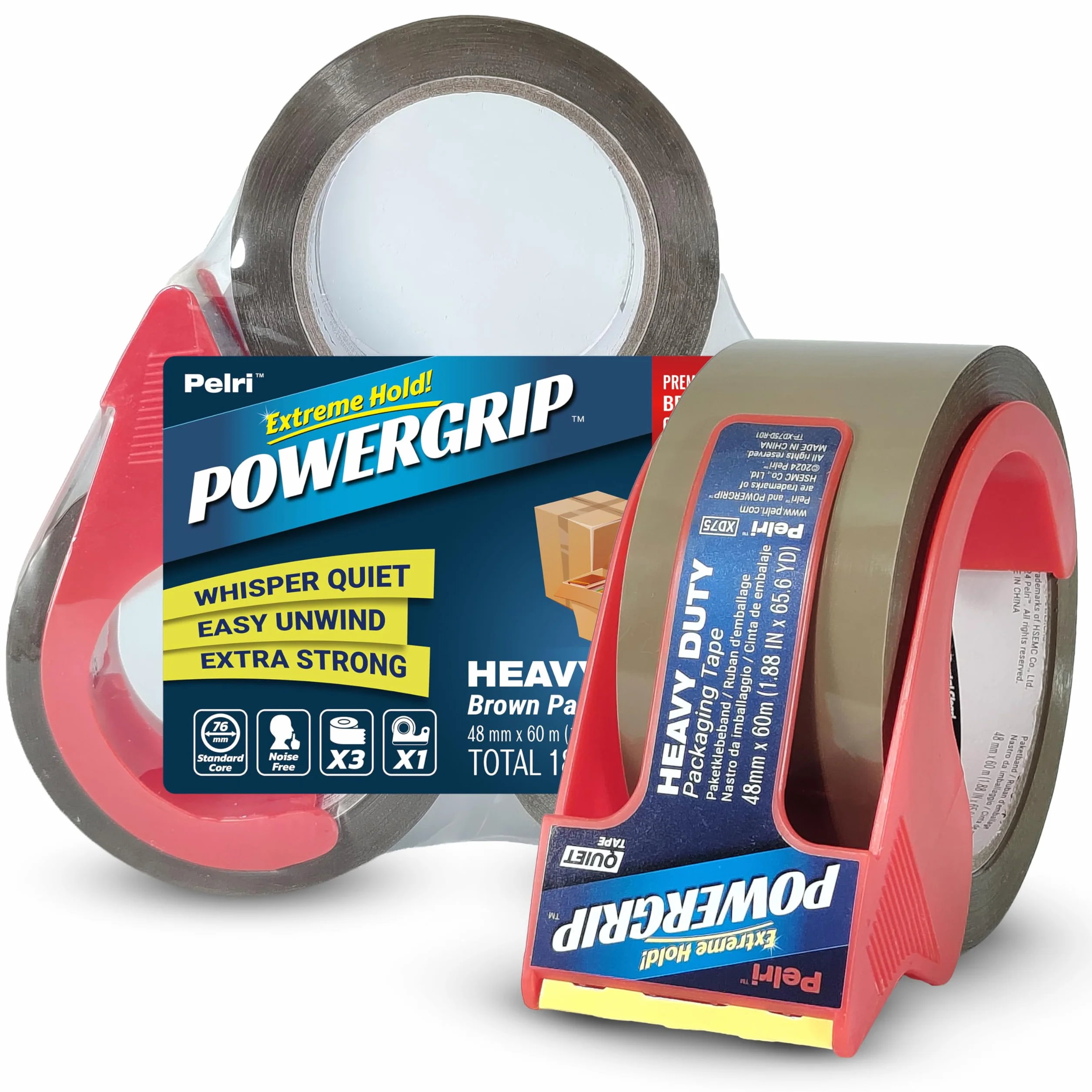 POWERGRIP Taśma Pakowa CICHA – Brązowa, Heavy Duty – Zestaw 3 Rolki z 1 Dozownikiem, Łącznie 180m (60m x 48mm) – Mocny Klej do Pakowania, Przeprowadzek, Magazynu i E-commerce