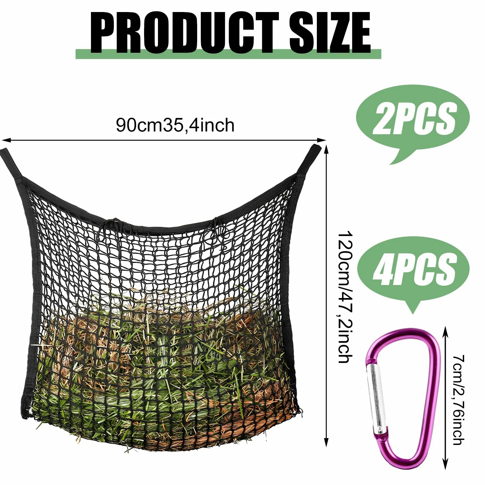 APACALI Worek na siano dla koni, rozmiar 90 x 120 cm, duża, siatka na siano z 4 karabińczykami, pojemność 10 kg, kolor biały