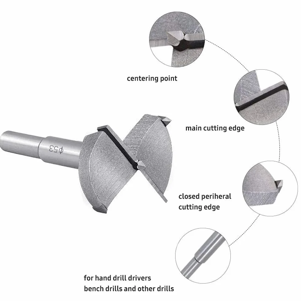 flintronic Wiertła do drewna, frez do drewna z węglików spiekanych 53 mm, montaż drzwi sferycznych, szuflad, sklejki, szybko pomaga wykonać czyste otwory z płaskim dnem w drewnie
