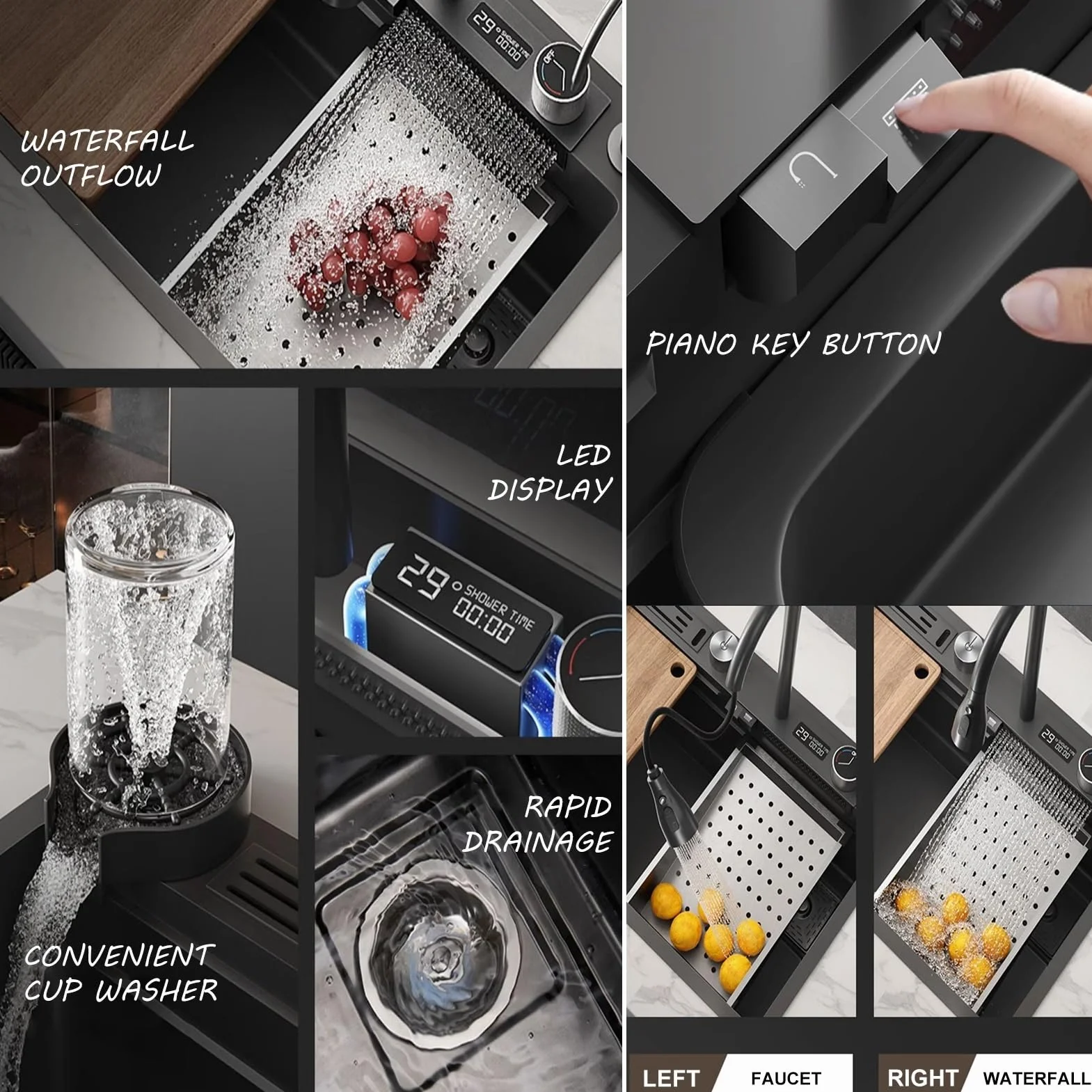Nano Waterfall Sink Zlewozmywak kuchenny ze stali nierdzewnej 304, domowy, do warzyw, pojedynczy, zlew barowy, z wyciąganym kranem, myjka do kubków, kolor: A; wymiary: 75 x 46 cm