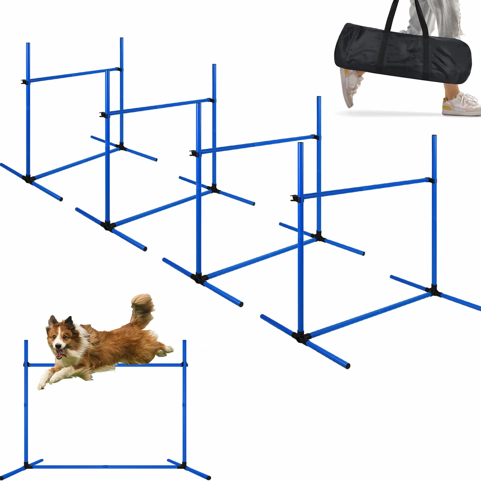 Agility zestaw płotek dla psów, pręty slalomowe, wyposażenie do treningu psów z 4 płotkami z regulacją wysokości, 104 x 70 x 101 cm, niebieski