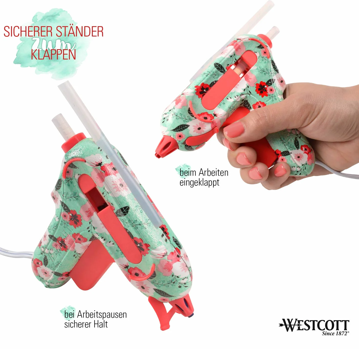 Westcott E-17201 00 Mini pistolet do klejenia z kwiatowym wzorem z 2 turkusowy/czerwony klej