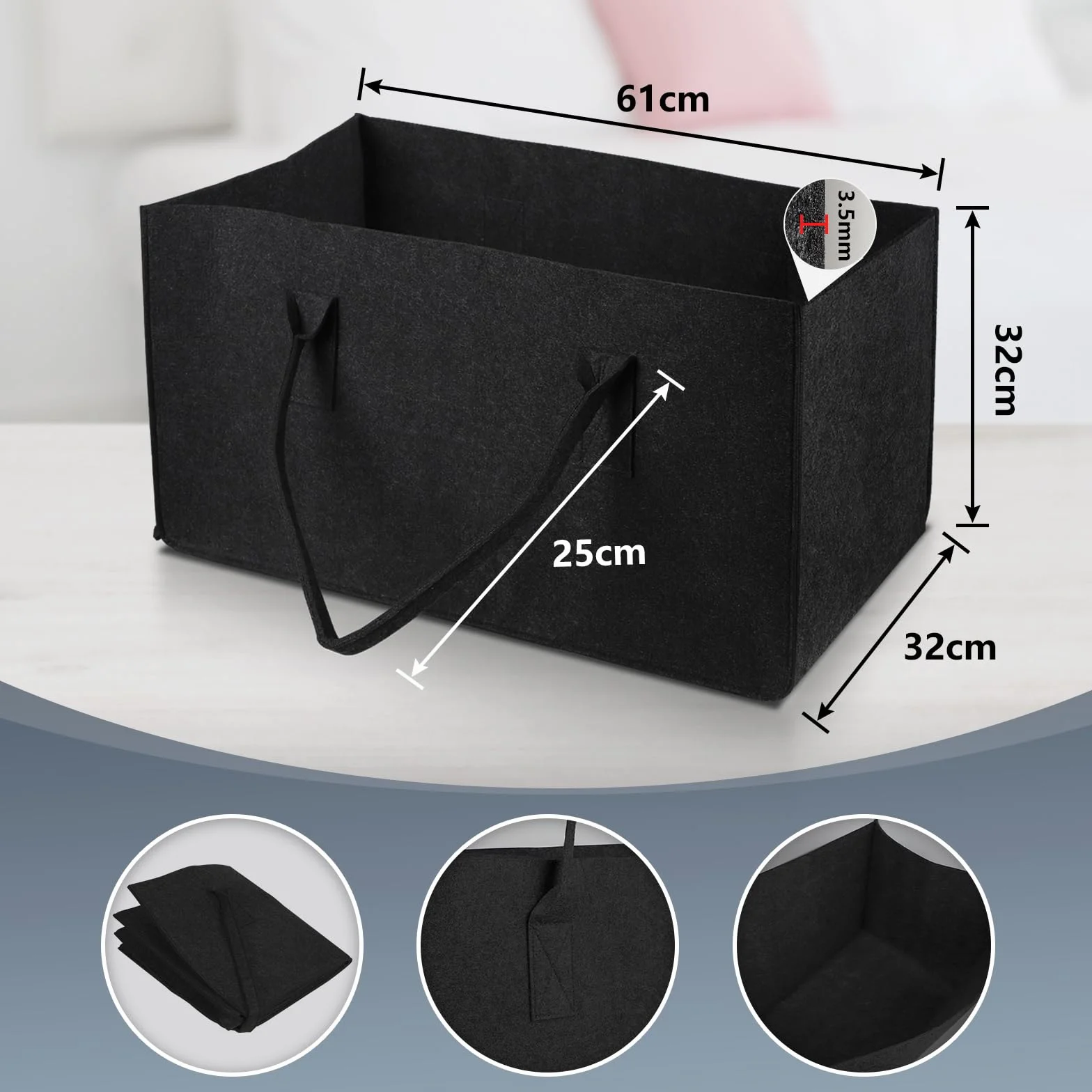 efuturetime Torba filcowa składany kosz na drewno 61x32x32 cm 60 l czarny